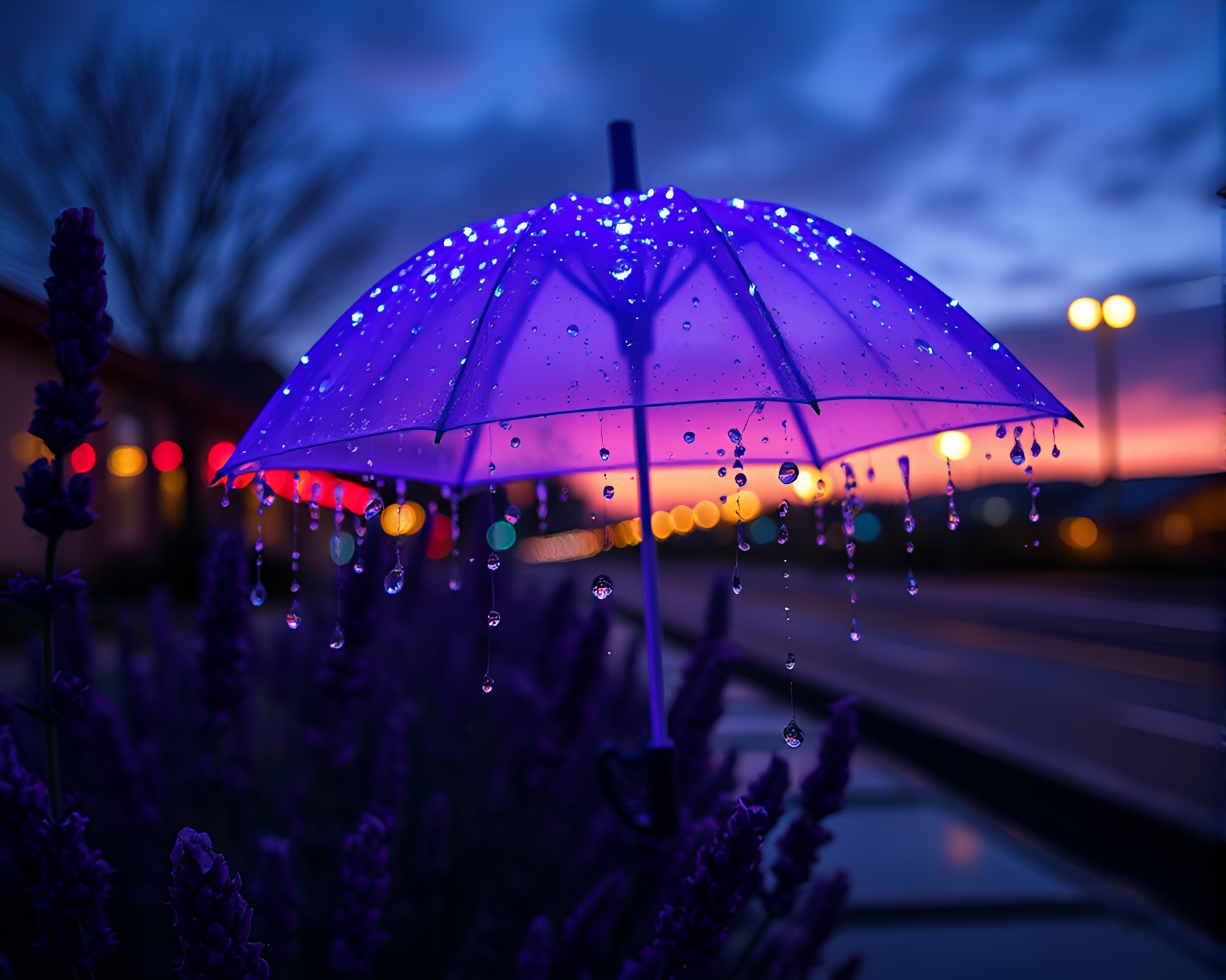 Neon-lit Umbrella under Lavender Twilight with Water Droplets – free AI stock image
