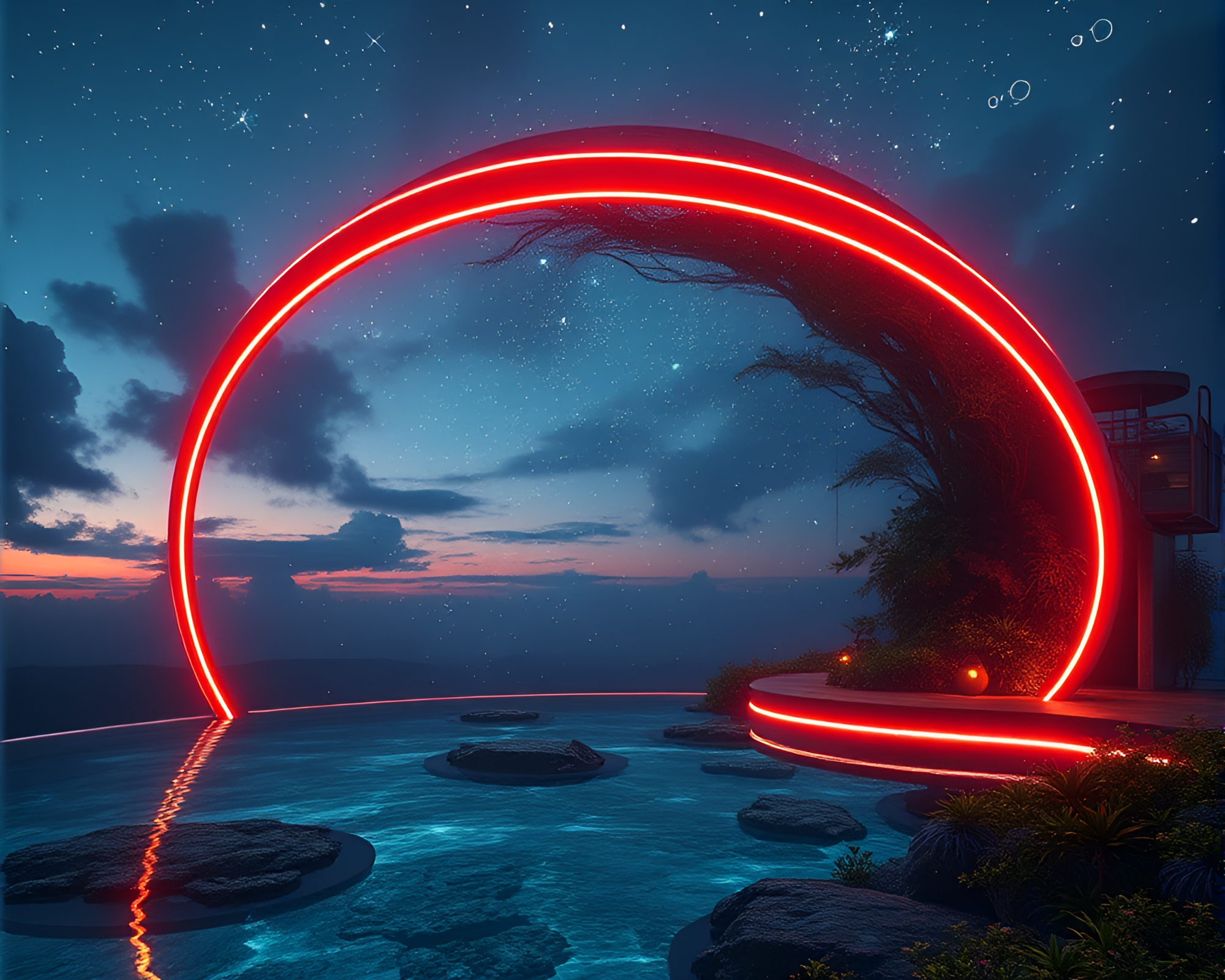 Bio-organic Neon Underwater Dome Illuminated by Starlit Sky – free AI stock image