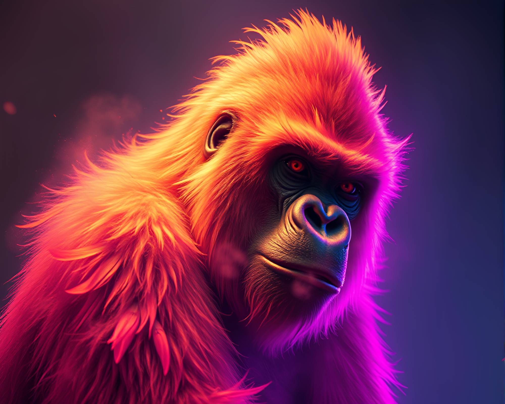 Neon Gorilla Feather Dusting in Surrealistic Scene – free AI stock image