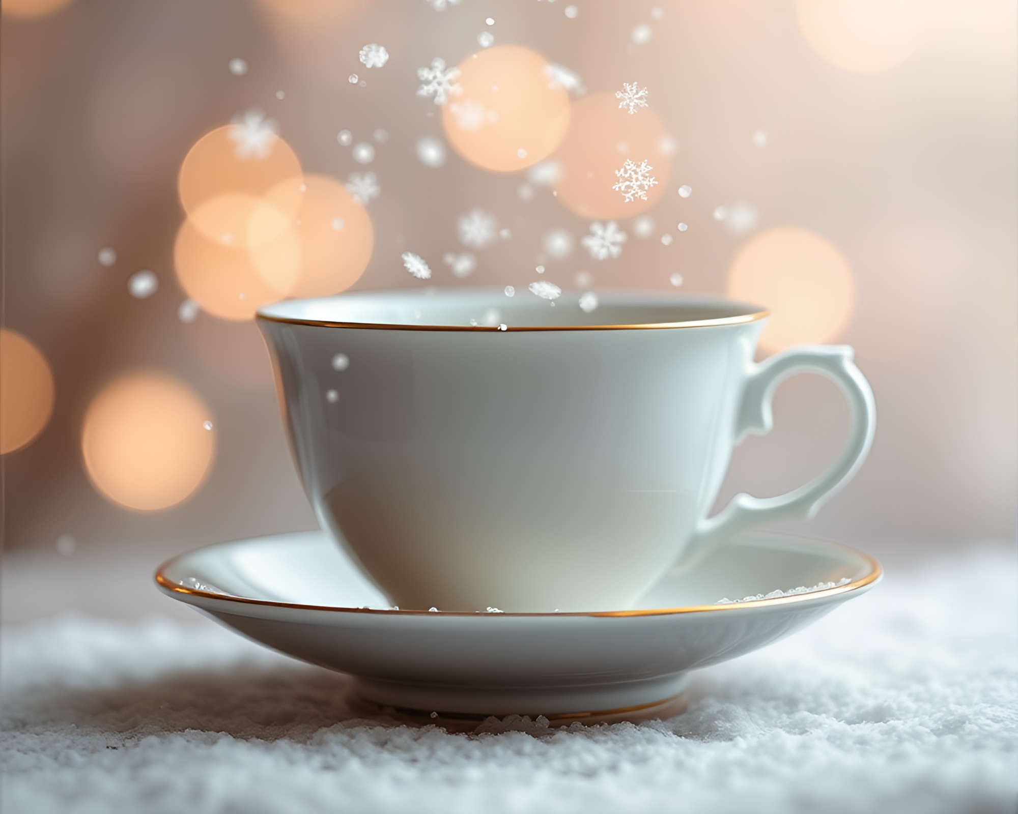 Whimsical Floating Tea Cup Snowflake Composition – free AI stock image