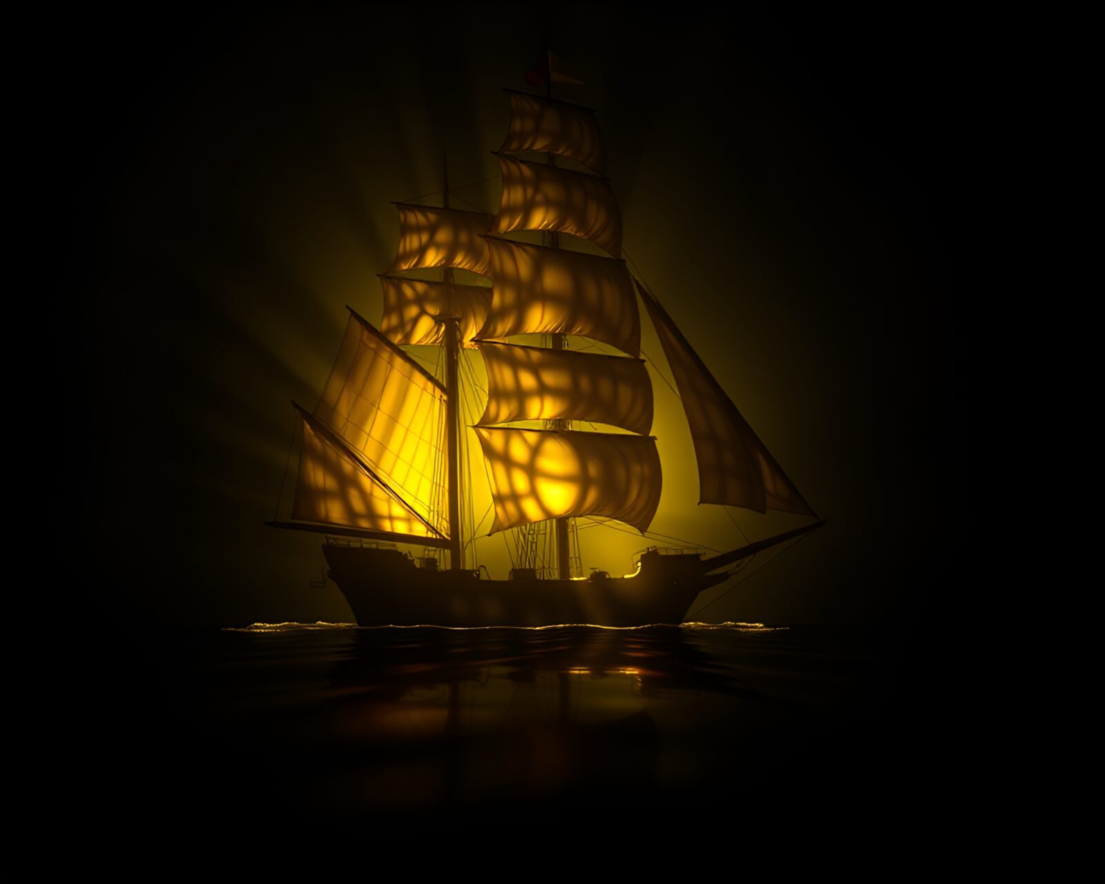 Neon-lit sailing ship in interactive fractal shadow play