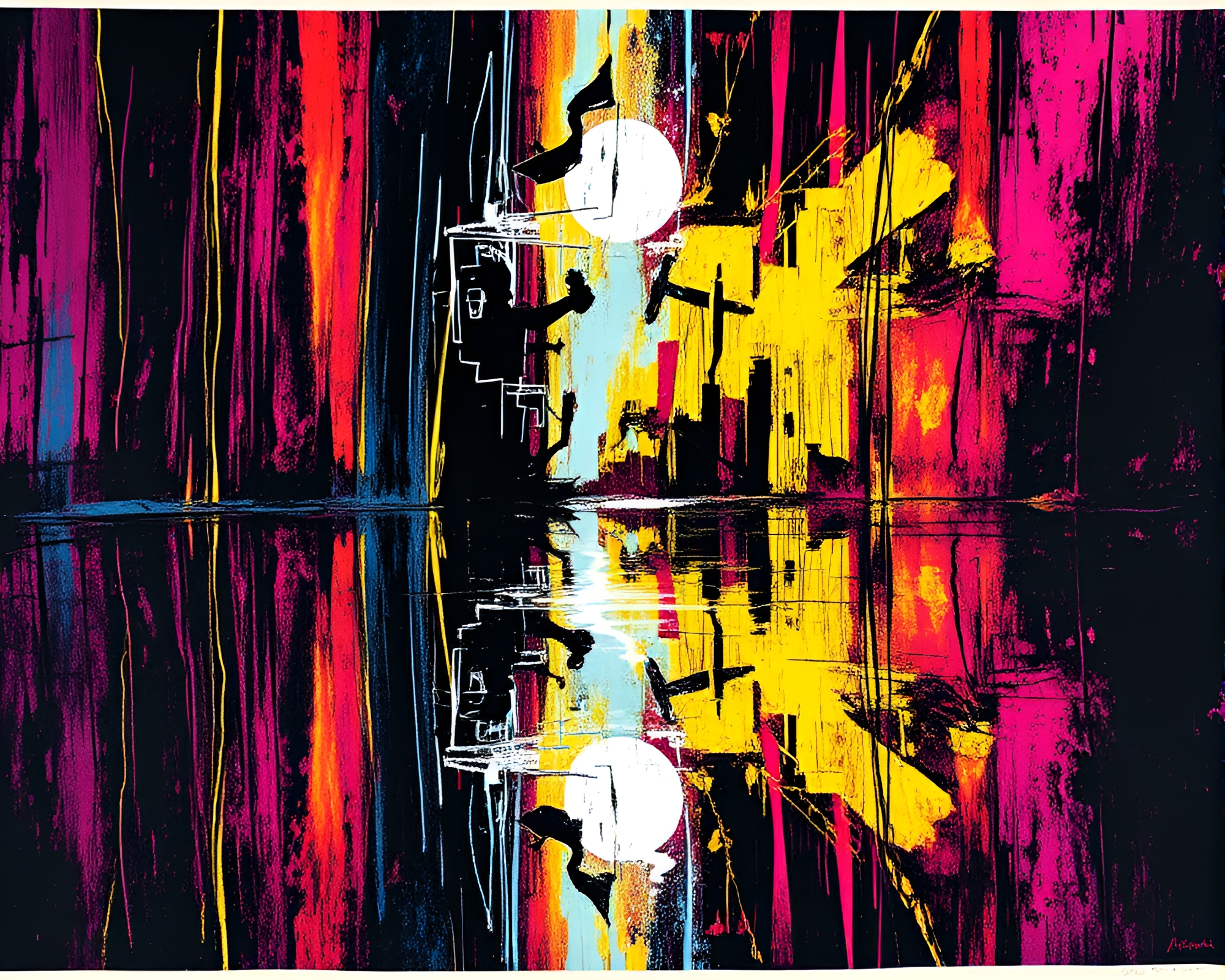 Abstract Phosphorescent Reflection on Chrome Linocut Print Artwork – free AI stock image