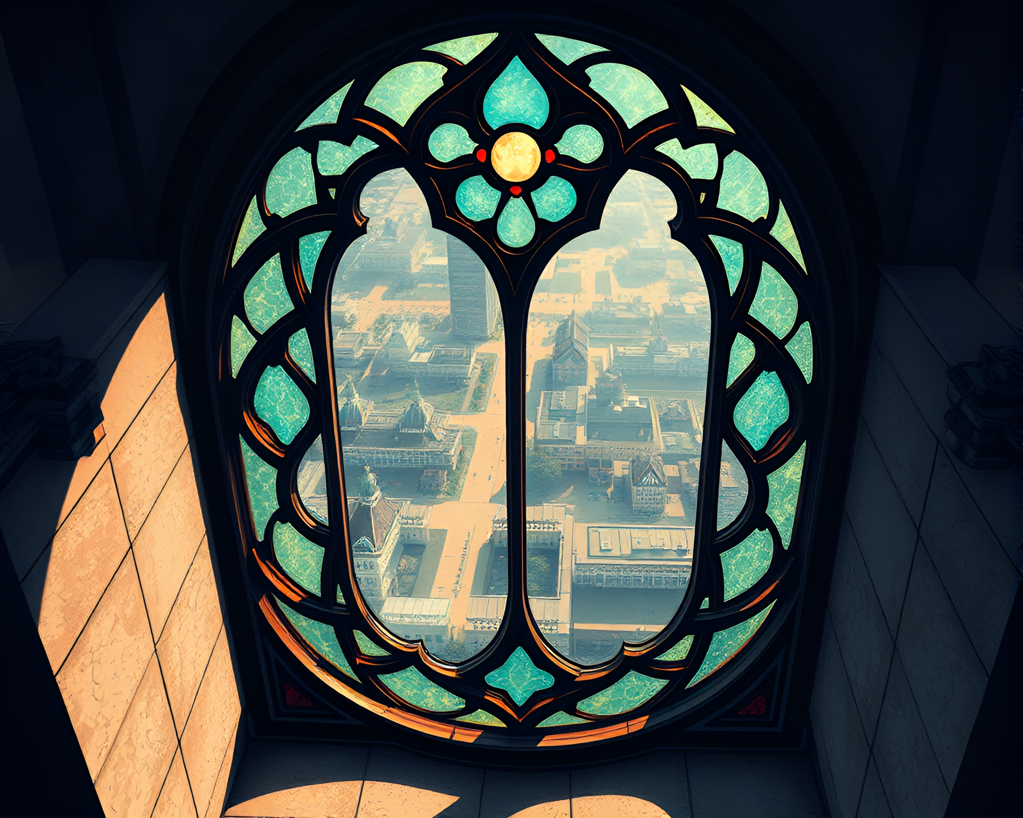 Manga-style Stained-Glass Window with Soft Shadows Bird’s Eye View – free AI stock image