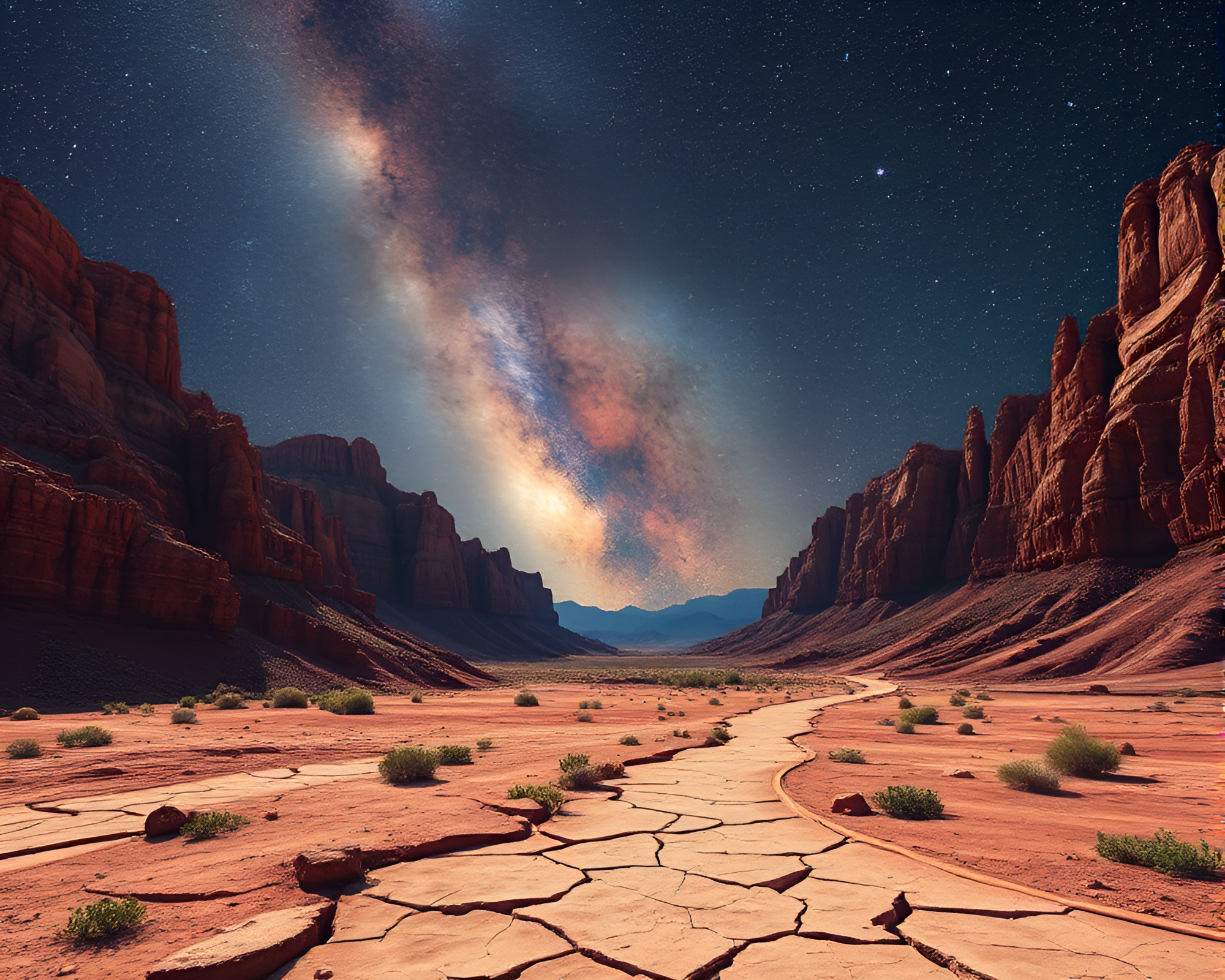 Cracked Earth Valley under Milky Way Retrowave Sky – free AI stock image