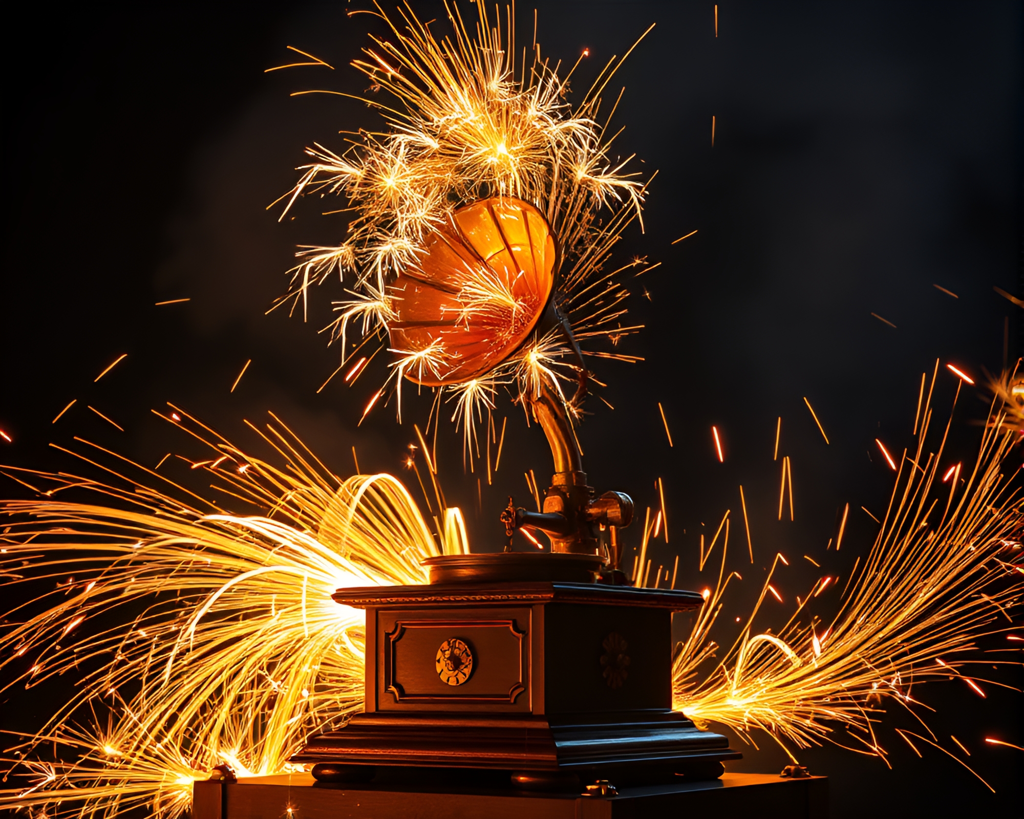 Steampunk Gramophone with Sparkler Trails and God Rays – free AI stock image