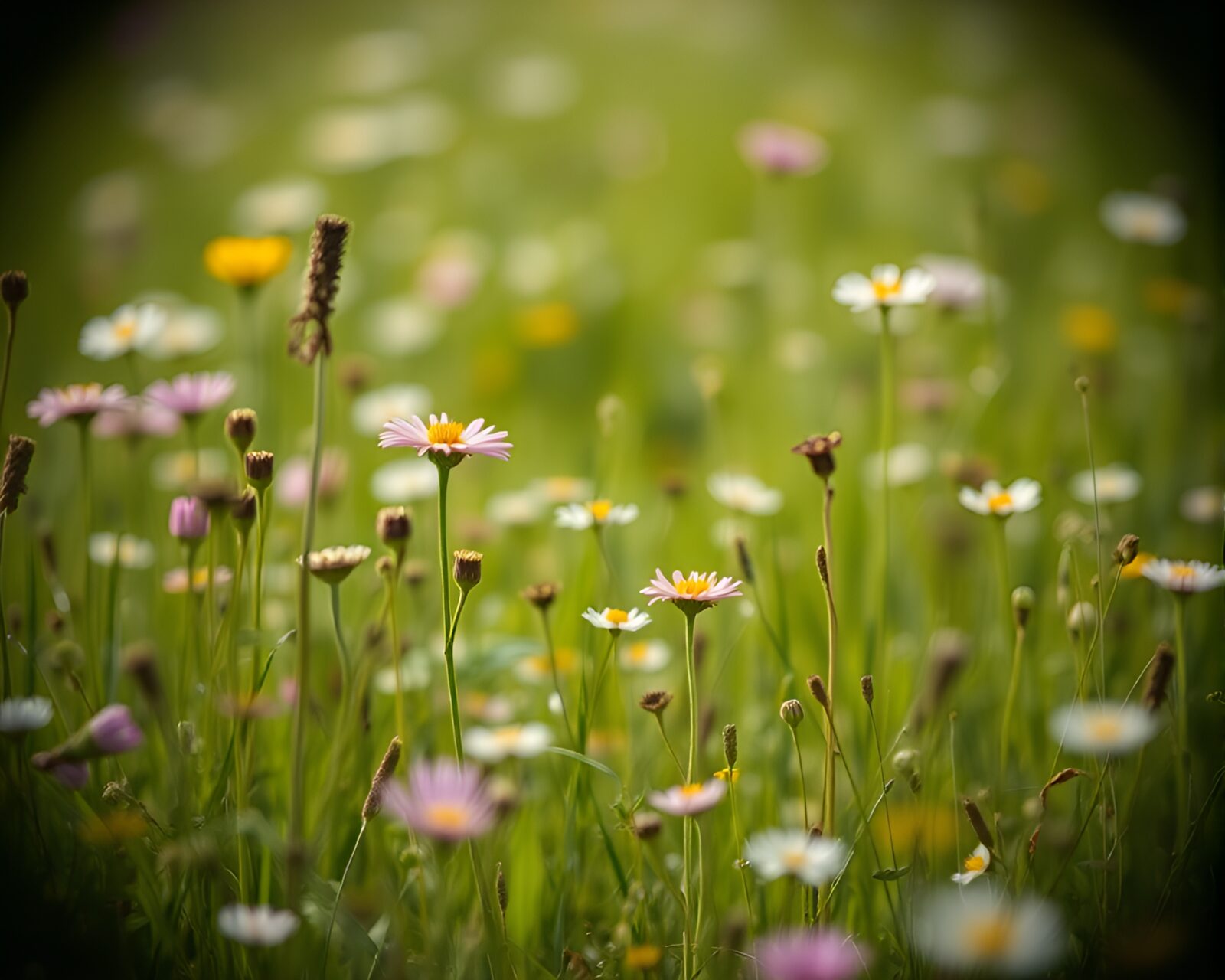 Tightly cropped colorful flowers in a whimsical meadow