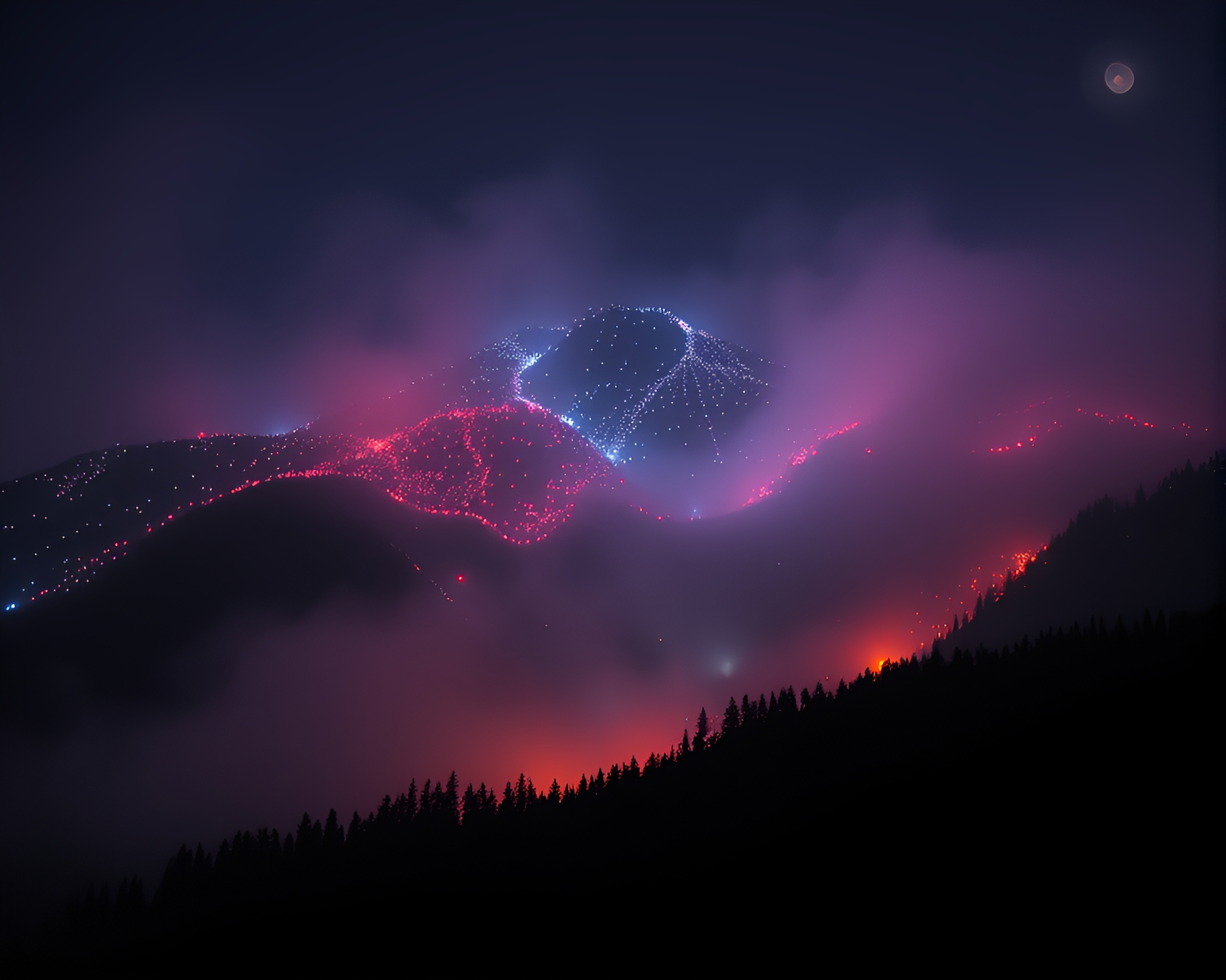 Mist-Covered Mountain in Strobe Light Splendor – free AI stock image