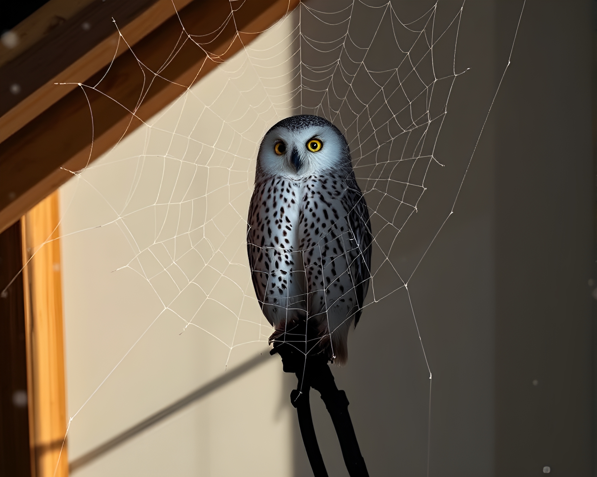 Snowy Owl Attic Collage with Cobweb Strands – free AI stock image