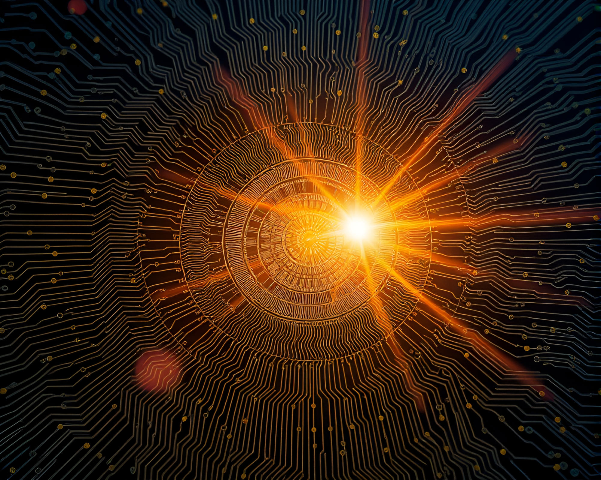 Fibonacci Spiral Circuit Board Blueprint with Lens Flares – free AI stock image