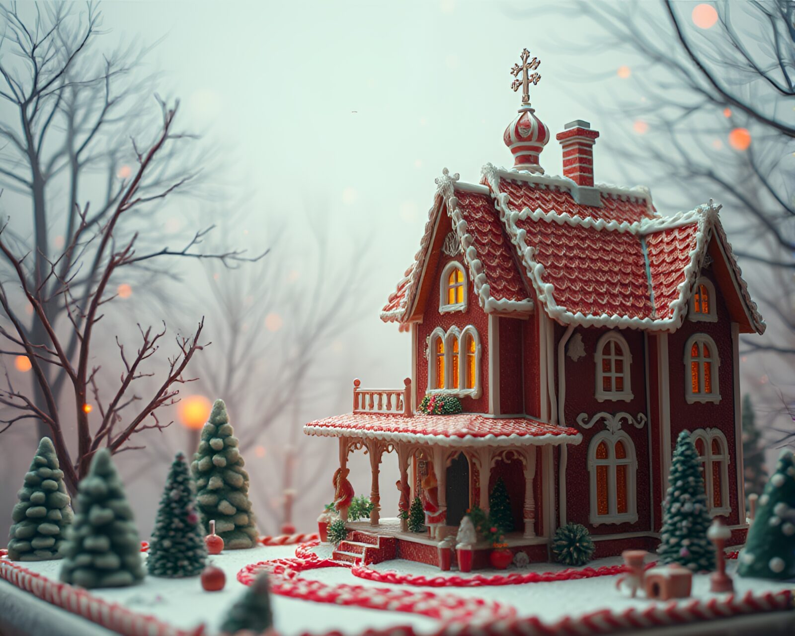 Surreal gingerbread house through glass distortion in hazy light