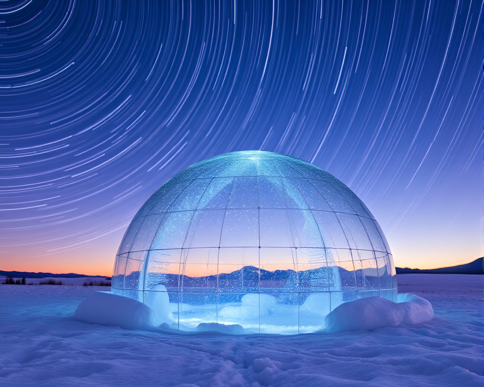 A mesmerizing view of a glass igloo under star trails