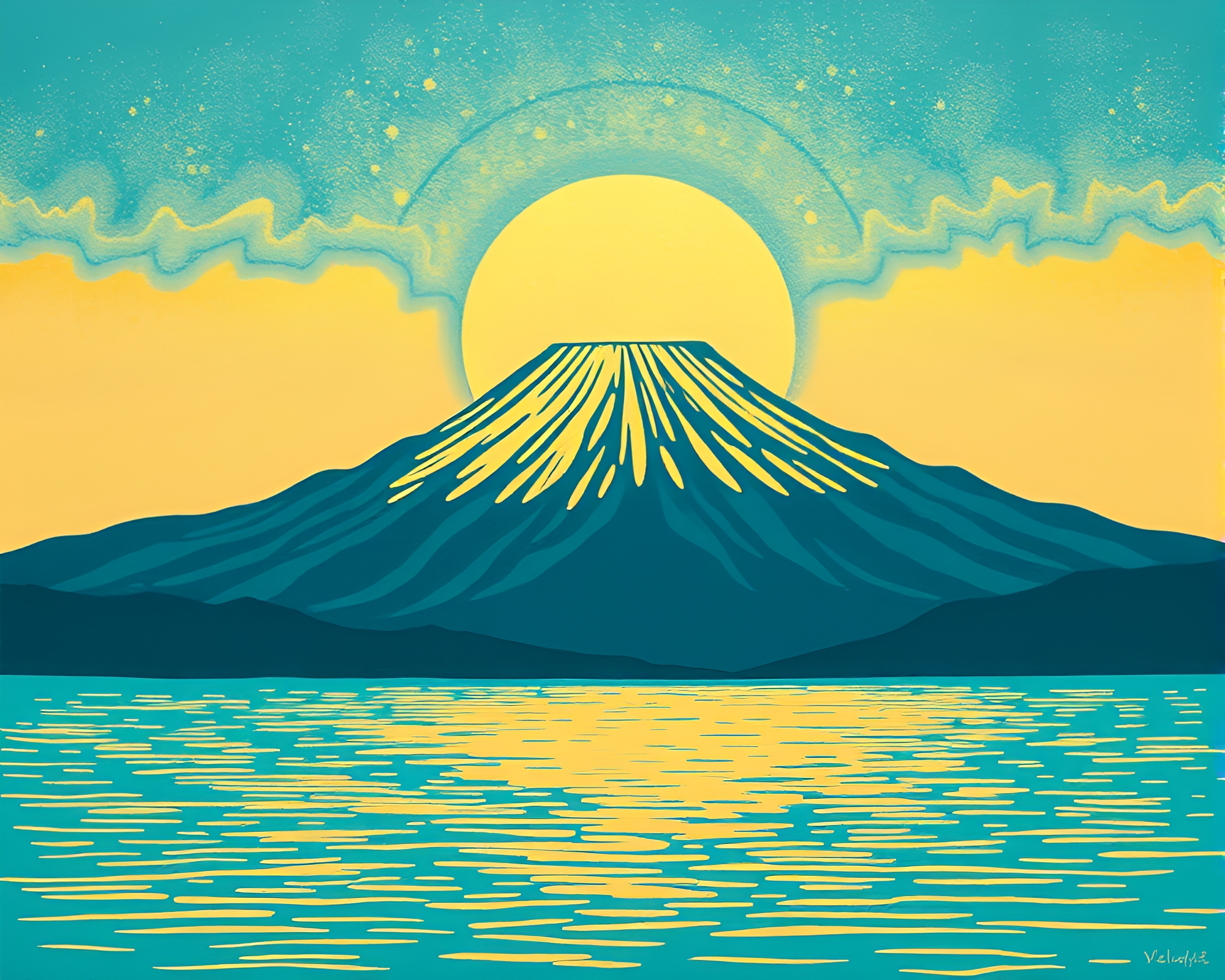 Turquoise Calm Volcano Crater with Gold Foil Highlights – free AI stock image