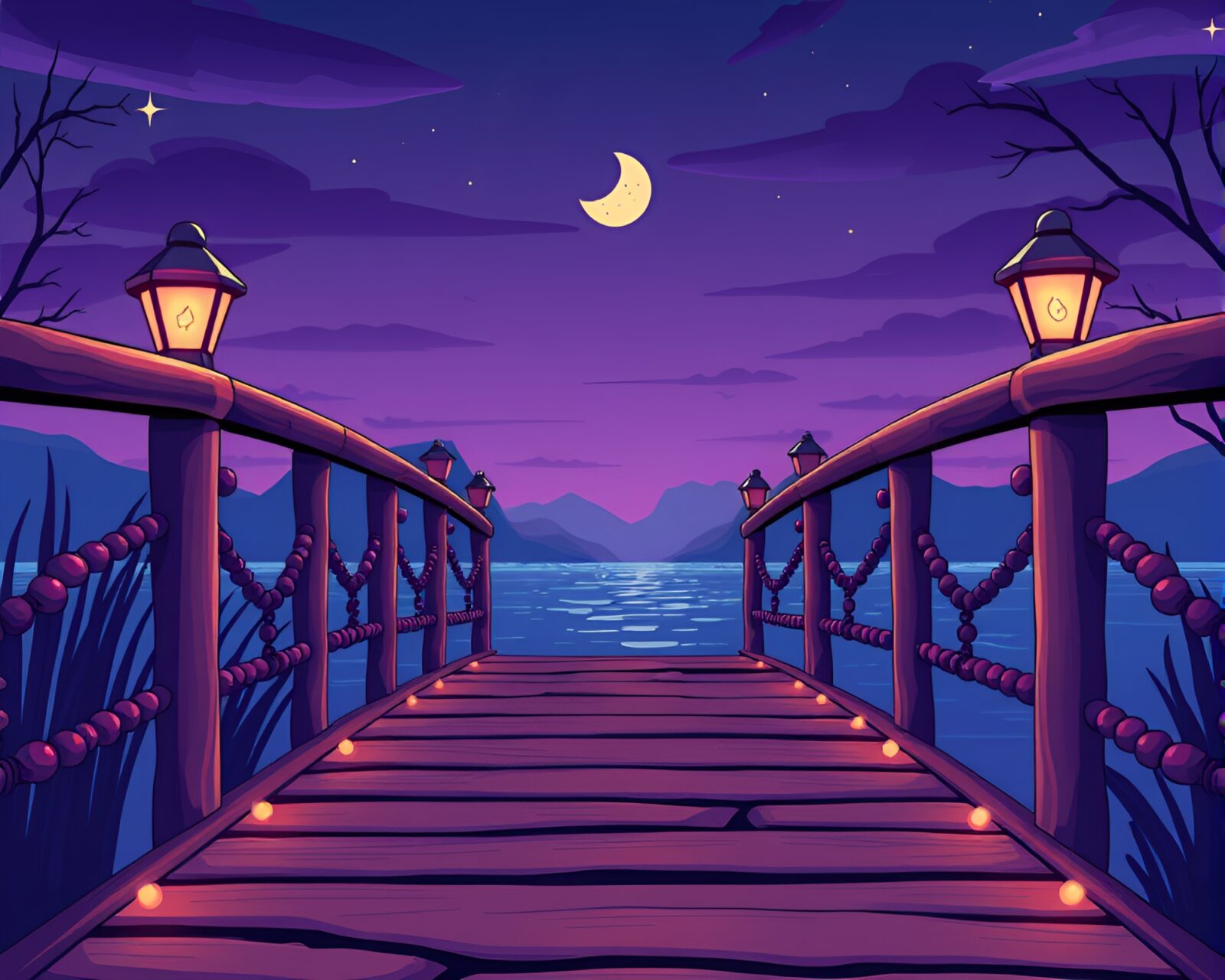 Cartoon-style wooden bridge under purple twilight sky with beadwork accents