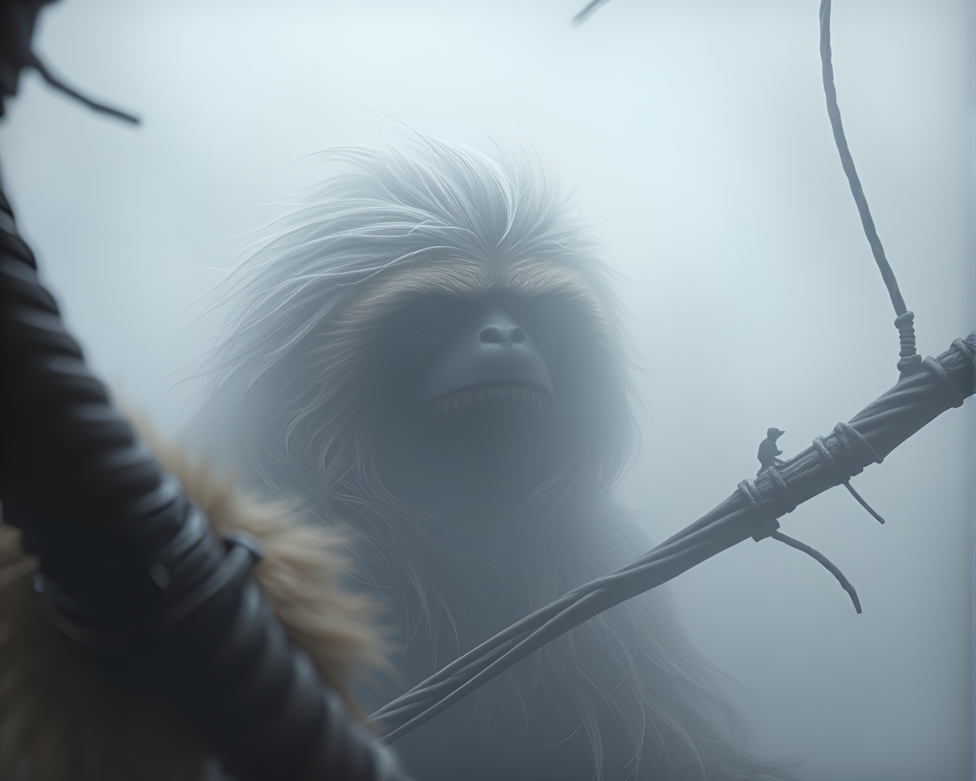 Sloth in surreal fog banks with vibrant hair – free AI stock image