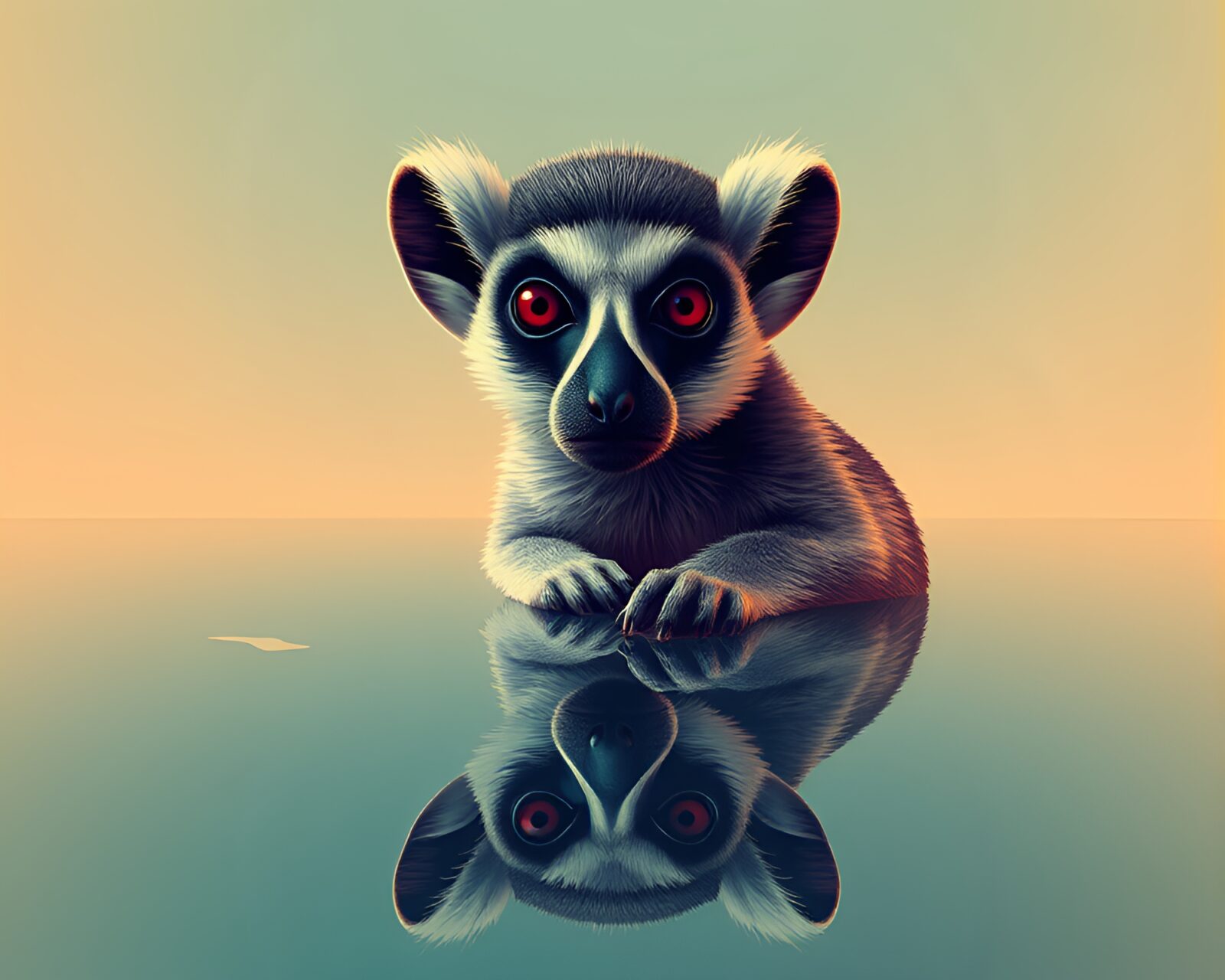 Lemur in vibrant reflections against retro colored water surface