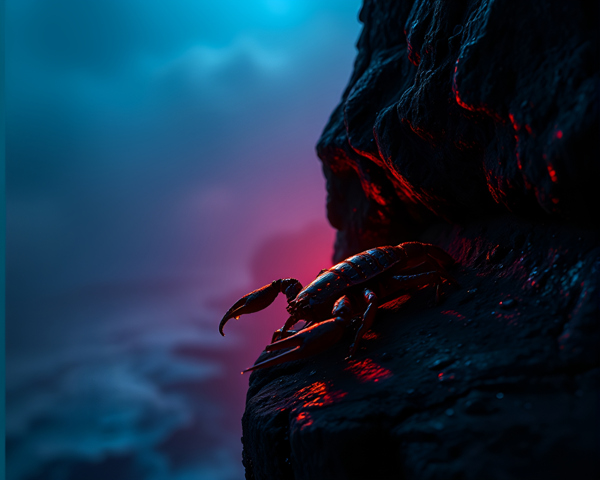 Neon Scorpion Silhouetted Against Cliffside Shadow with Dew Drops – free AI stock image
