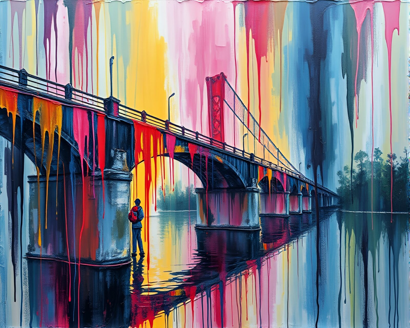 Vibrant acrylic paint drips form a surreal bridge landscape