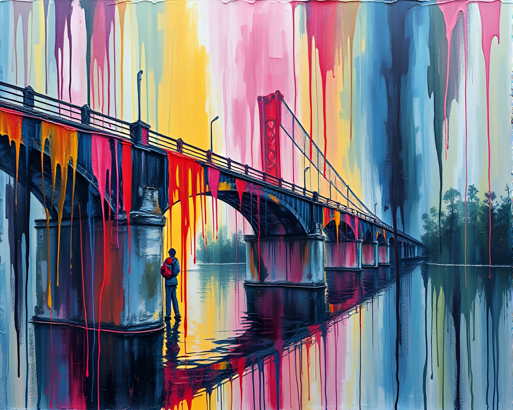 A Bridge of Dripping Colors: Acrylic Surrealism – free AI stock image