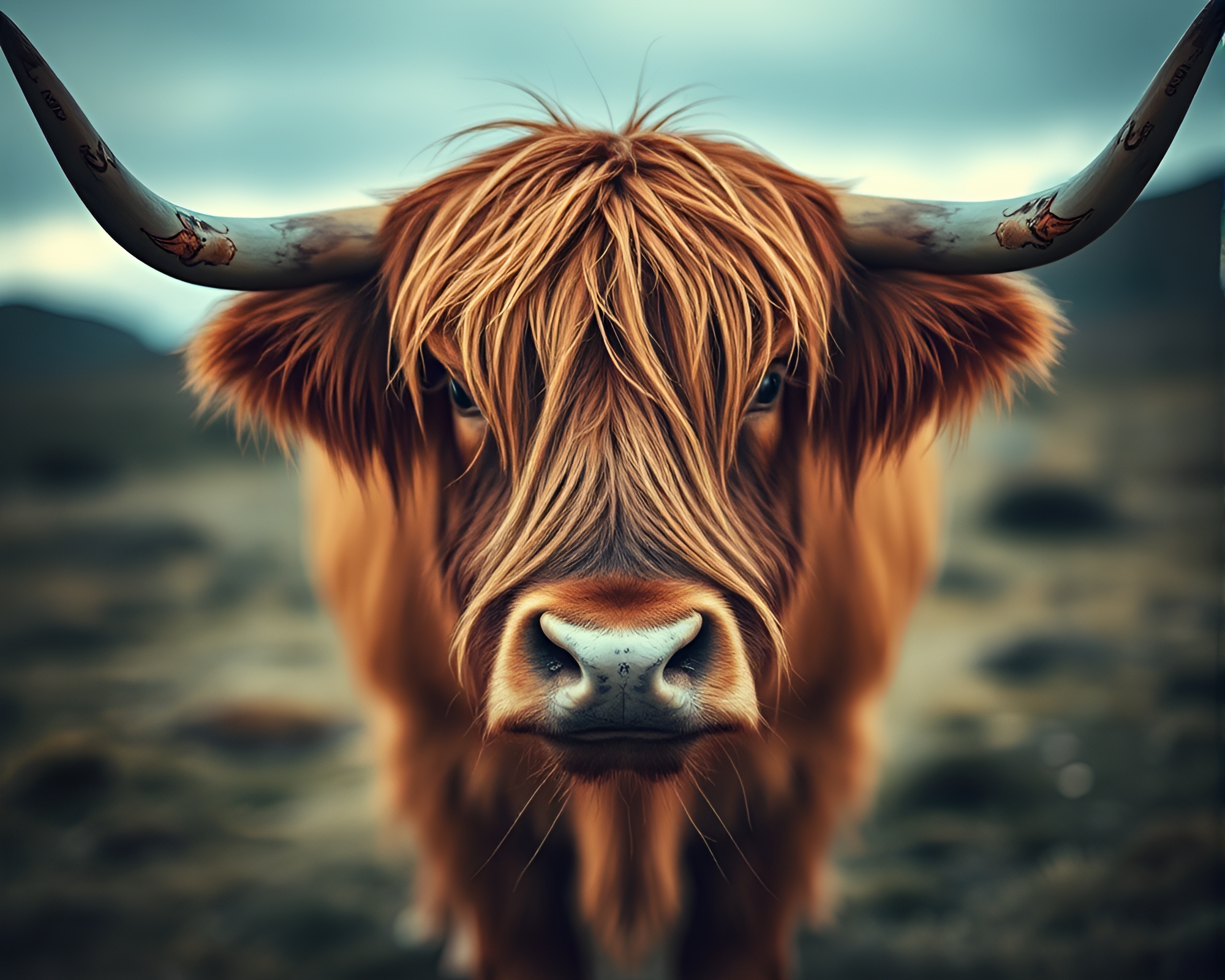 Highland Cow in Surreal Lens Distortion Landscape – free AI stock image