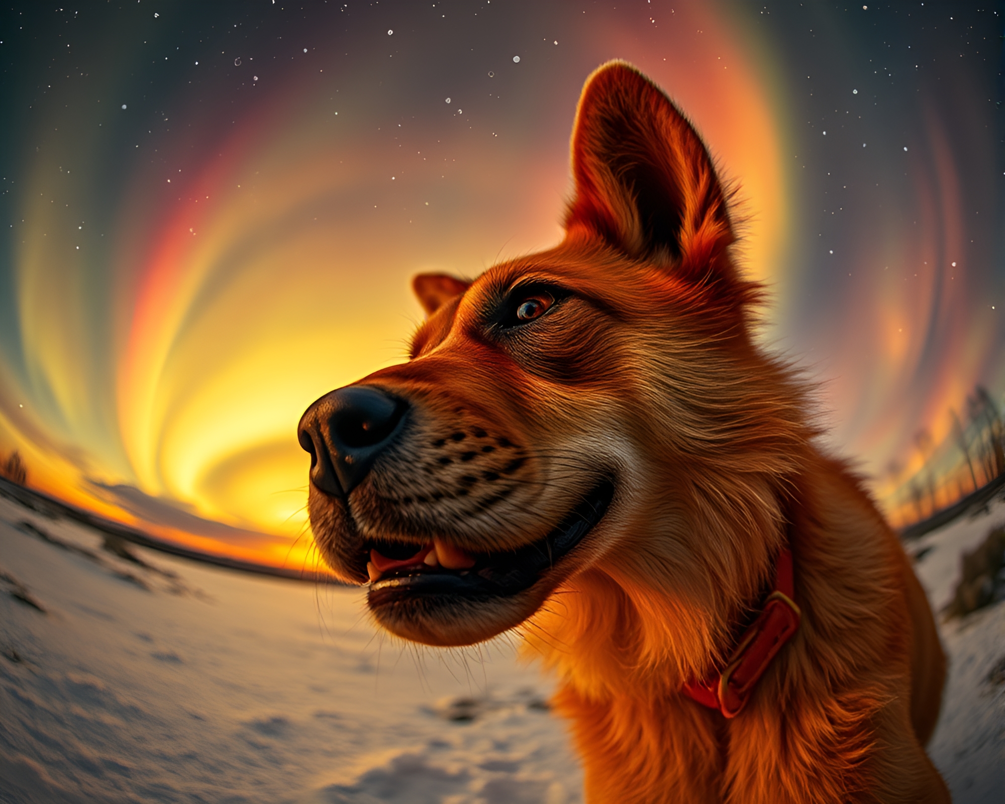 Mythical Cerberus in Fisheye Aurora Glow – free AI stock image