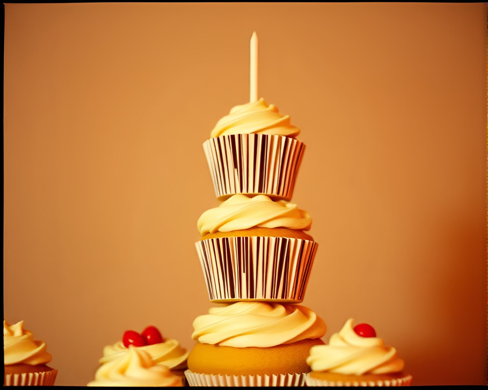 High dynamic range image of cupcakes arranged like a barcode.