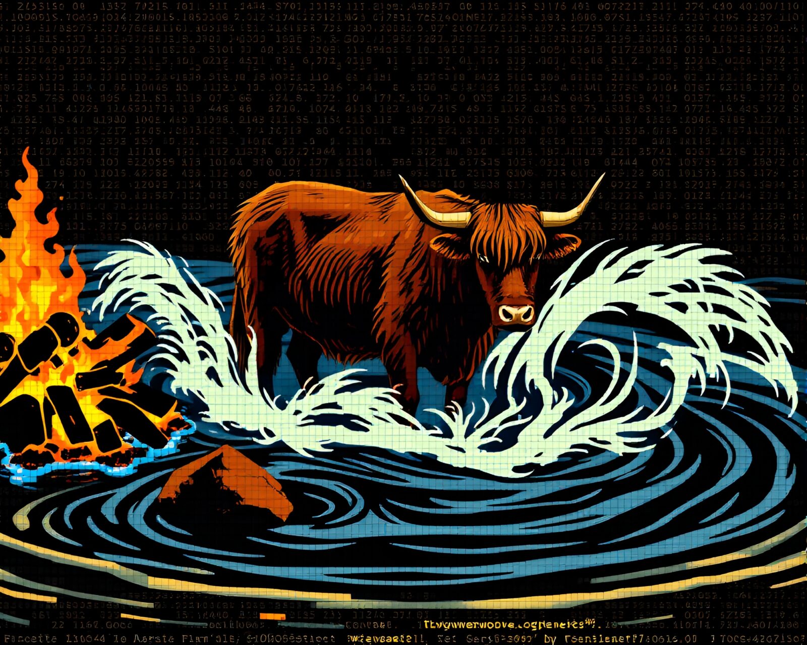 ASCII art of a Highland cow surrounded by swirling water