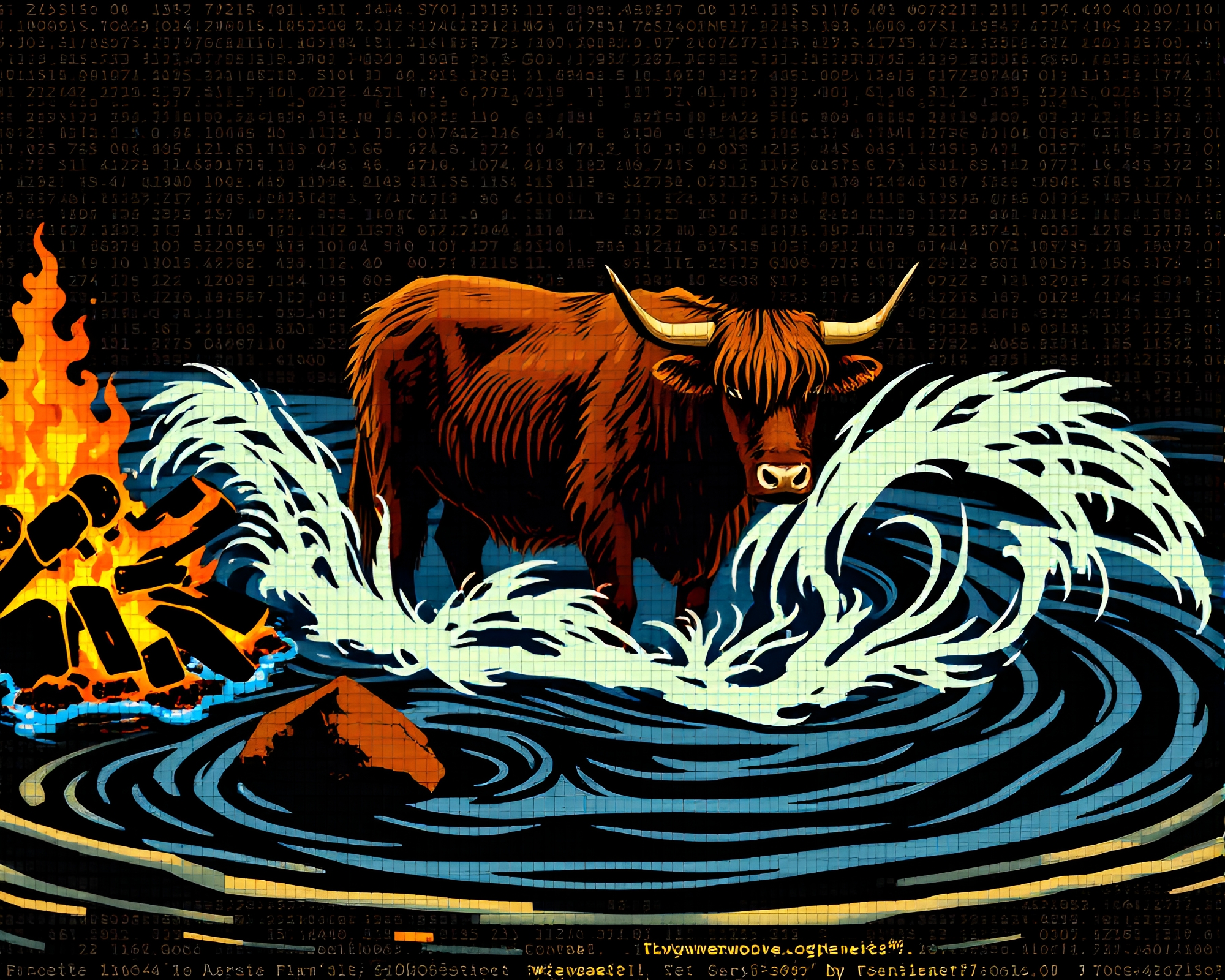 Majestic Highland cow in mesmerizing water whirlpool – free AI stock image