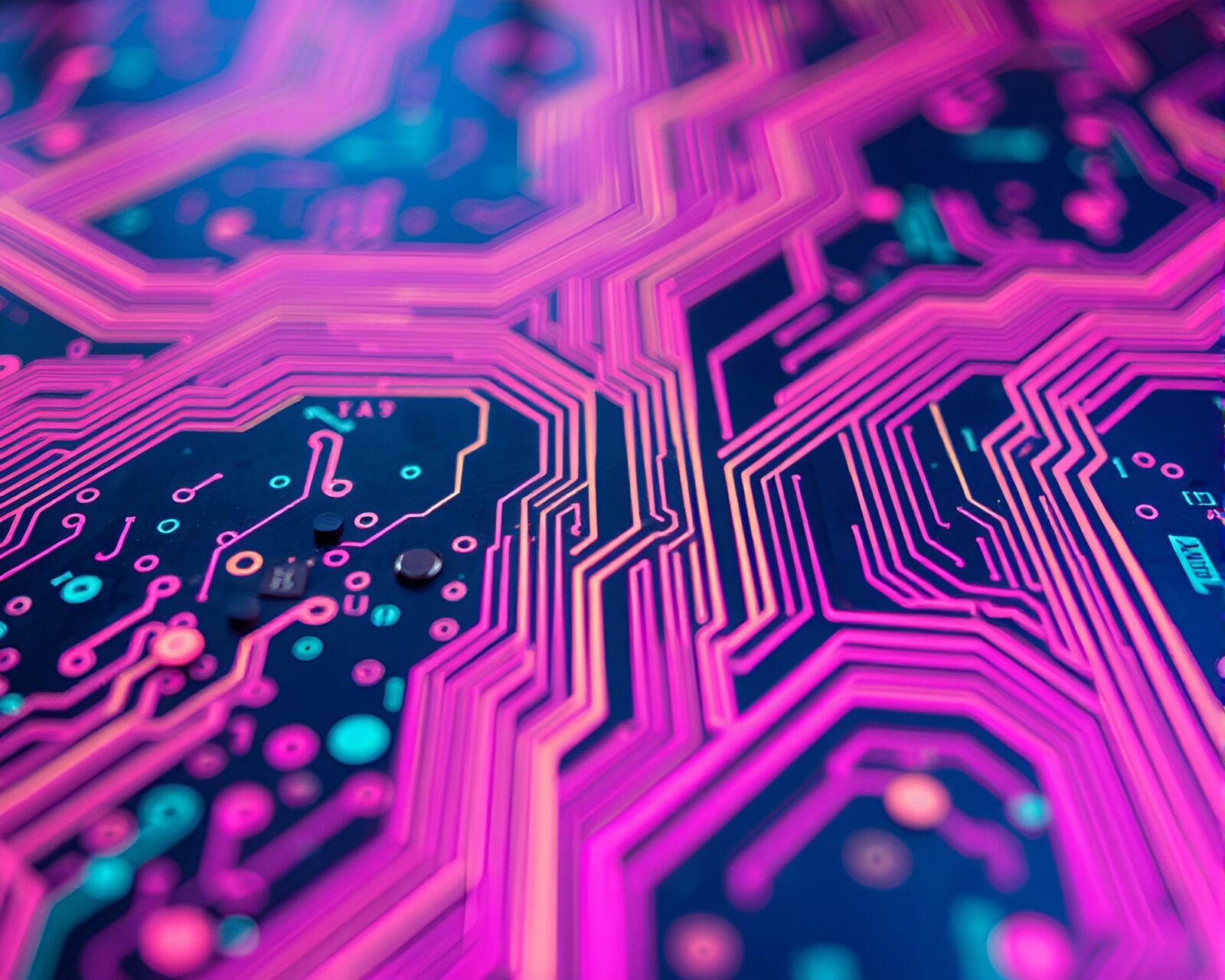 Vibrant circuit board floating in serene pastel hot spring