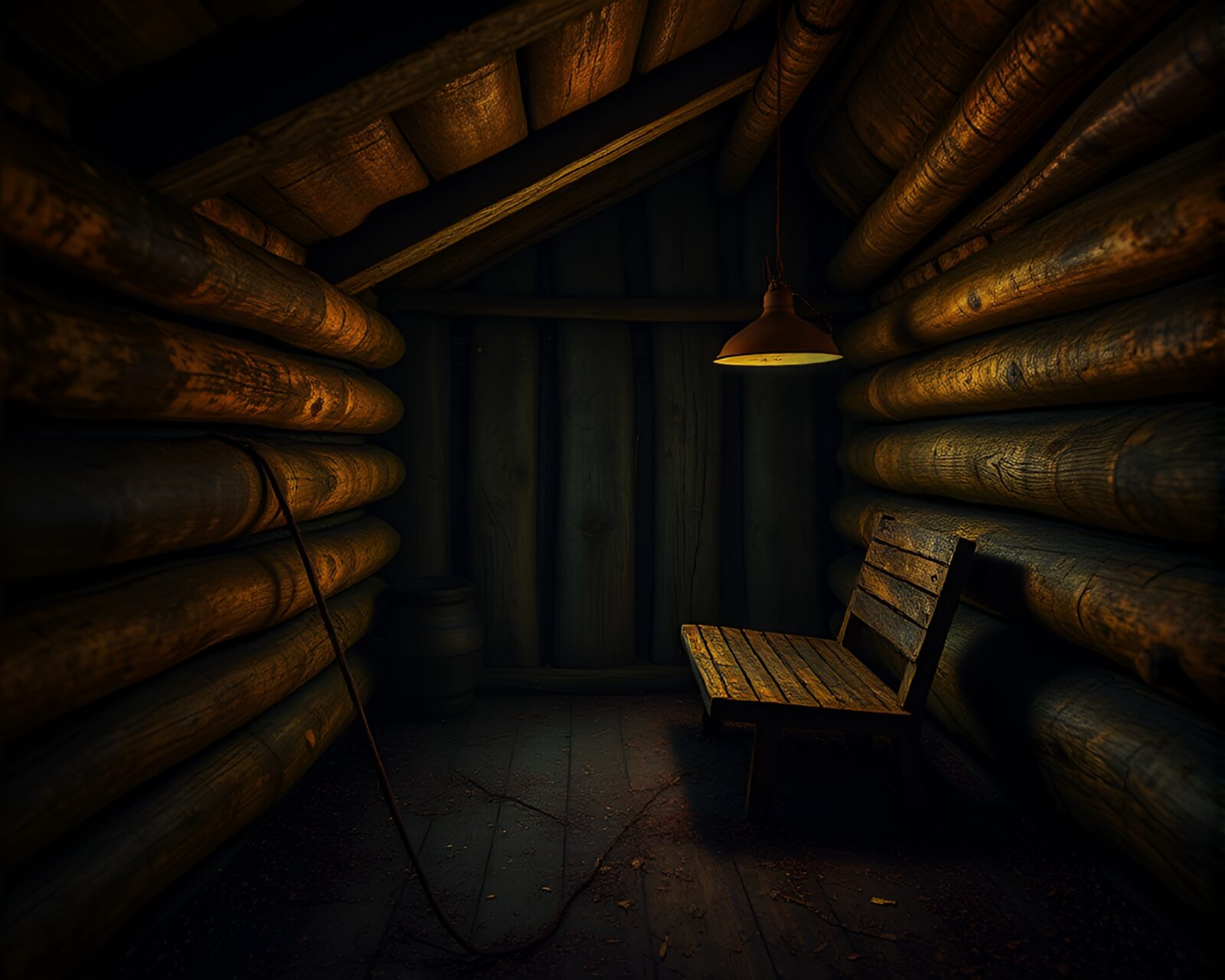 High dynamic range image of rustic cabin surrounded by fireflies