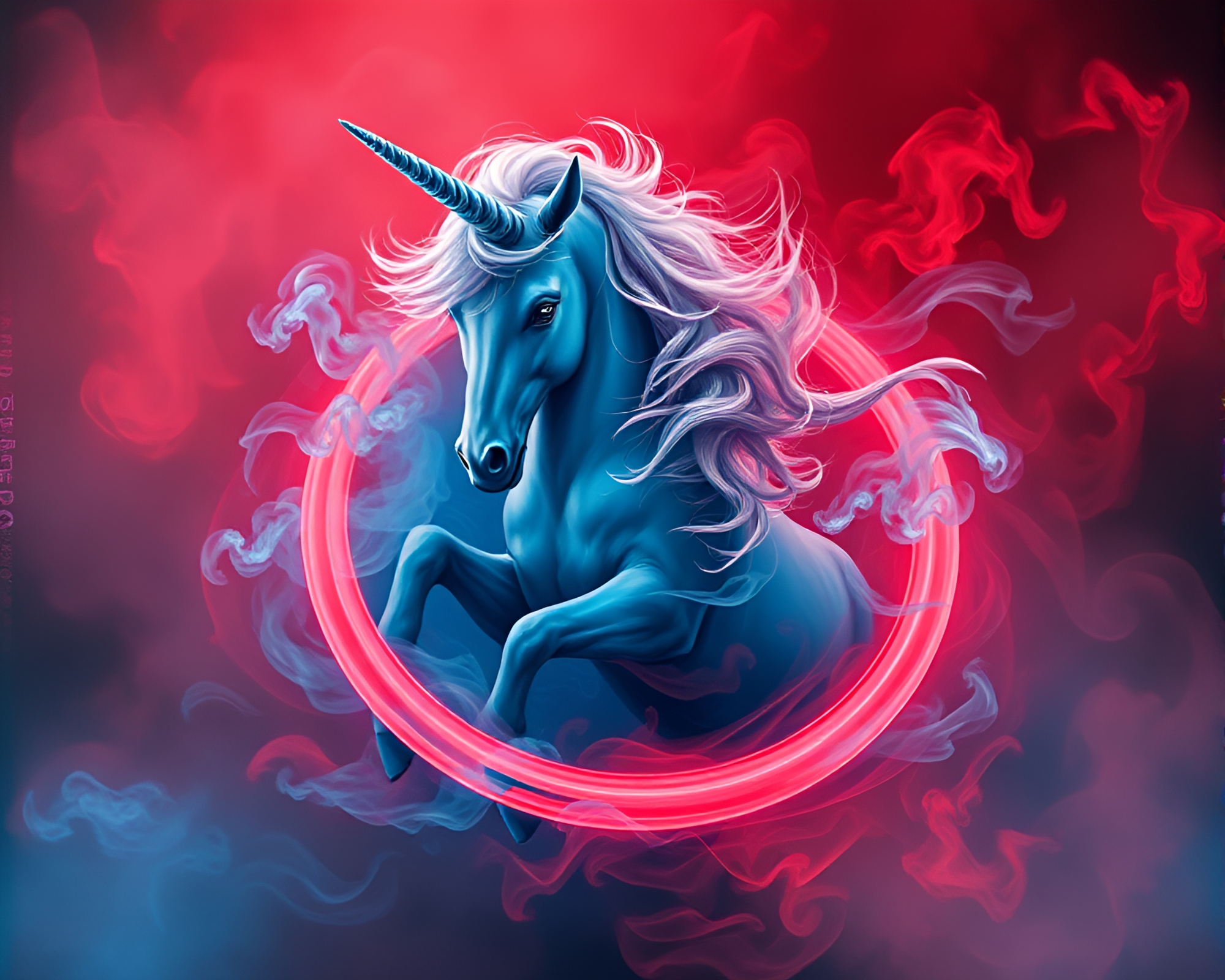 Majestic Unicorn in Dual-Tone Smoke Rings Fresco – free AI stock image