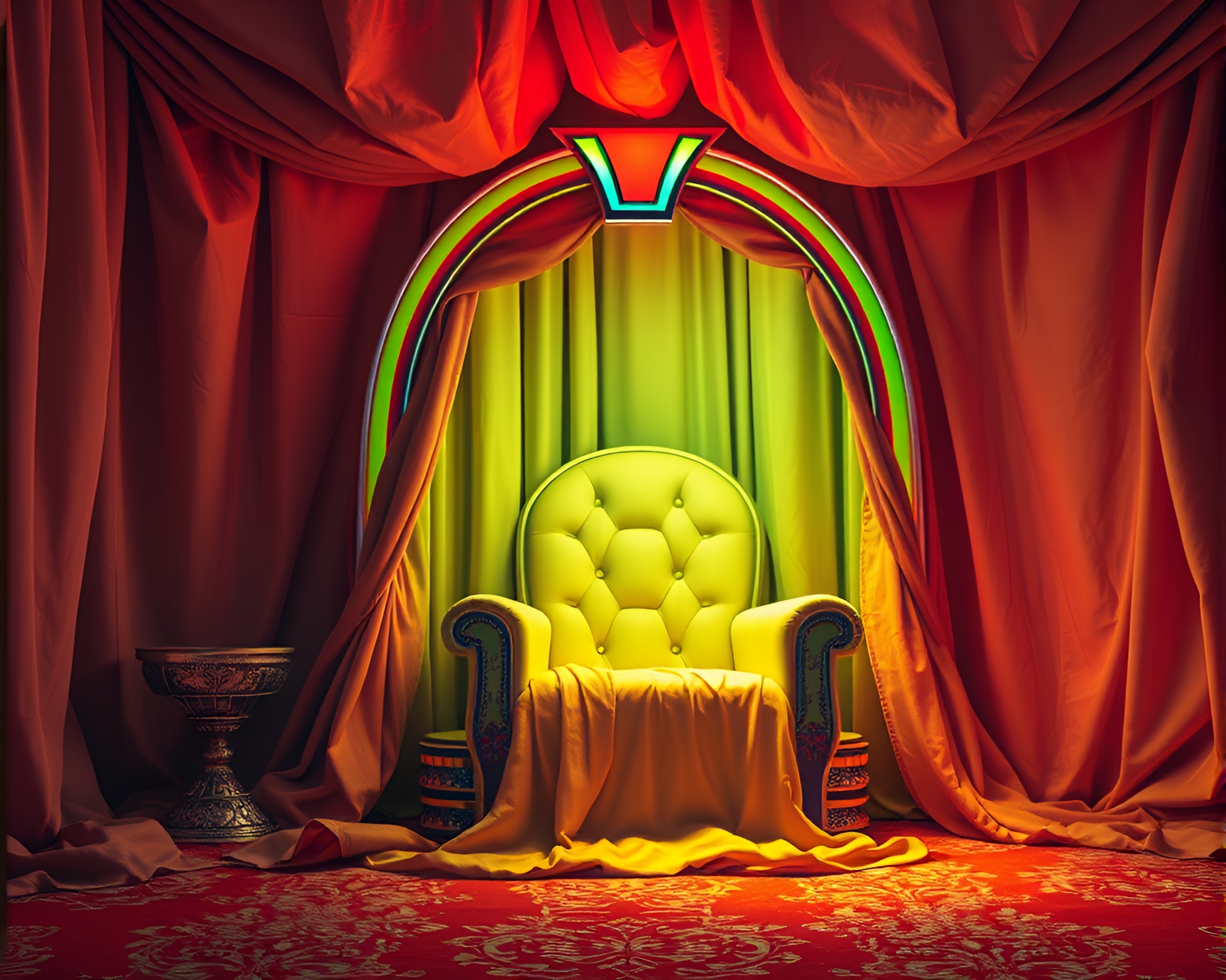 Retro Jukebox Reigns in Surrealist Fabric Throne Room – free AI stock image