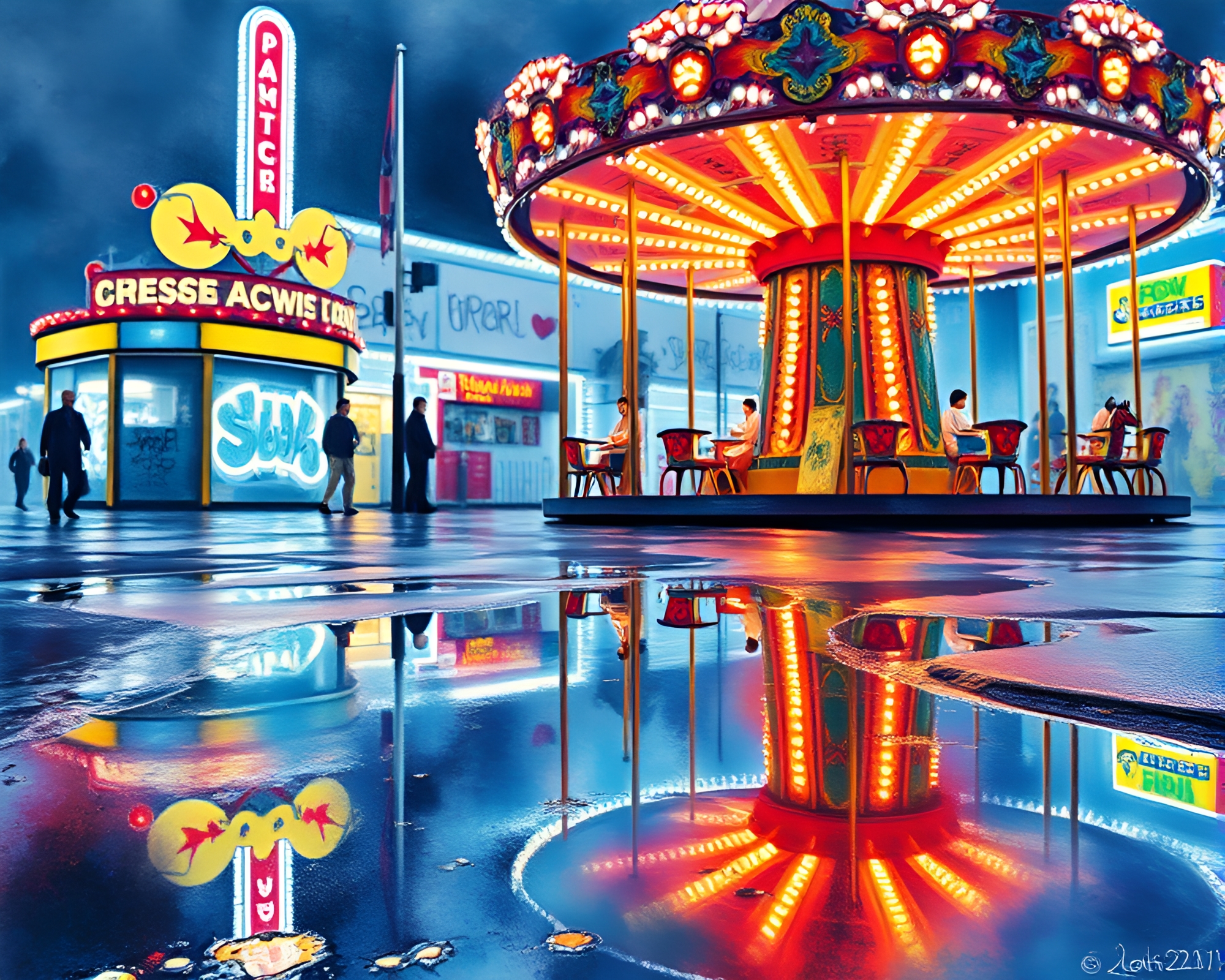 Neon Carnival Carousel Reflections – free AI stock image