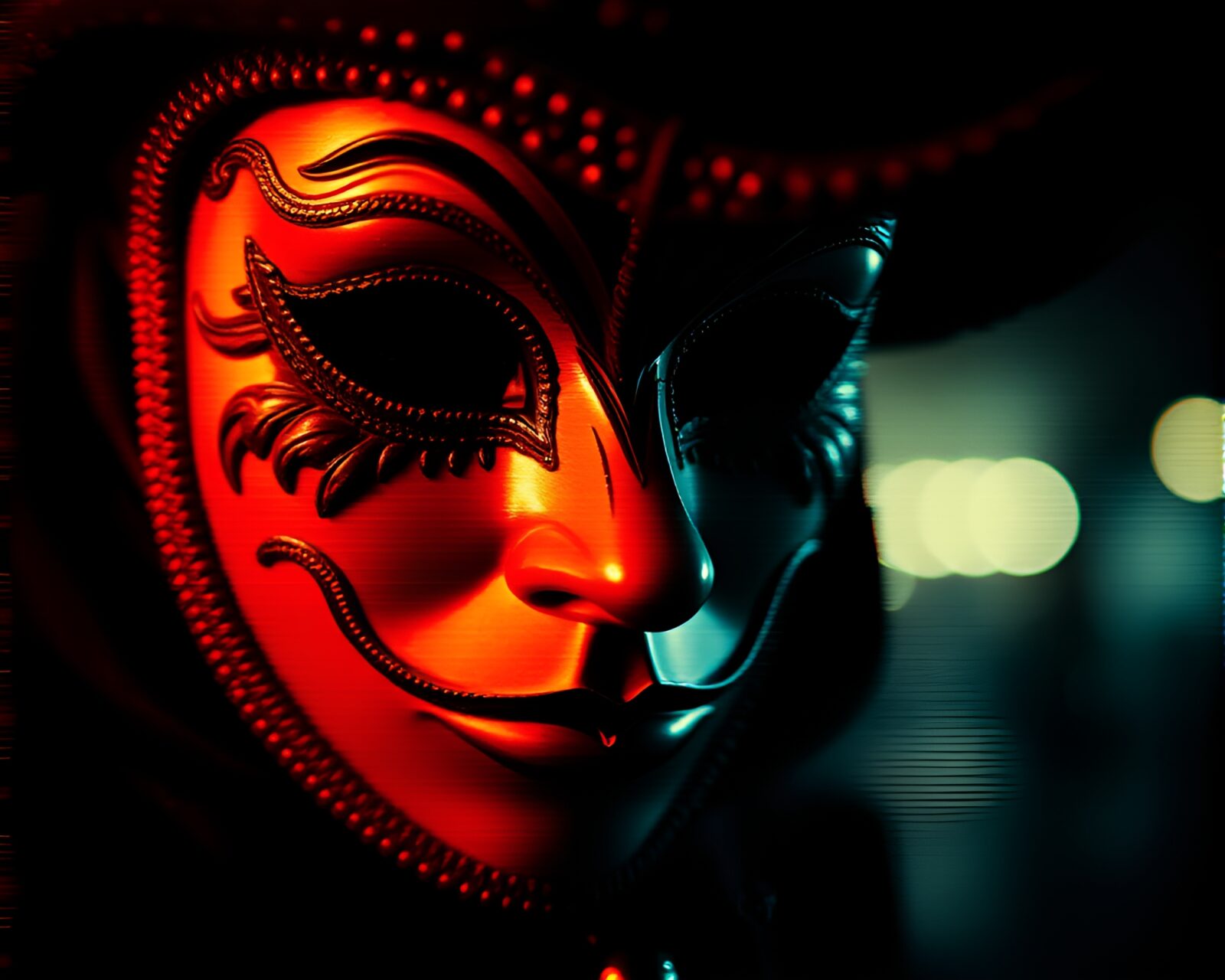 Dramatic soft focus Venetian mask in glitchy surroundings