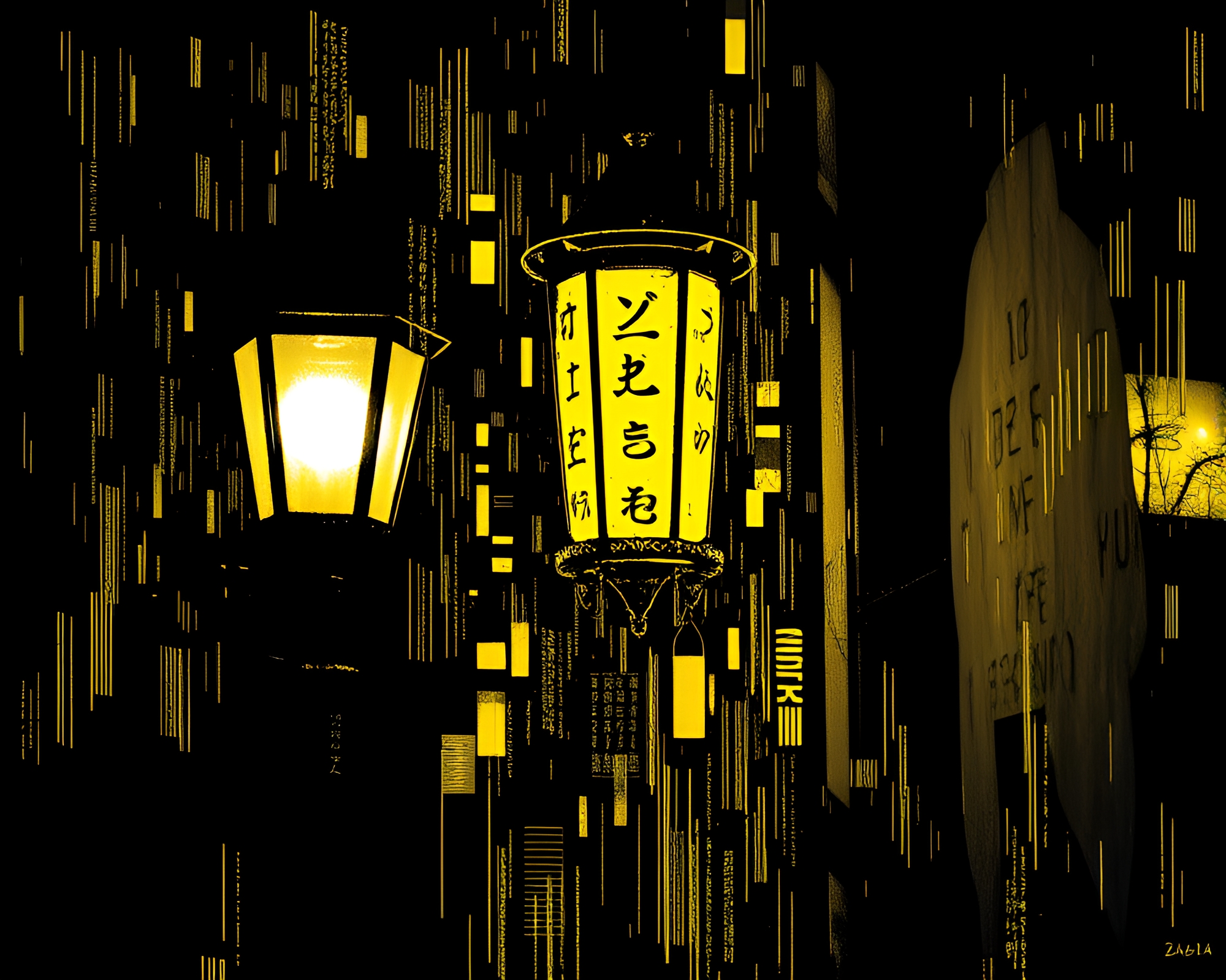 Graffiti Lamp illuminates ASCII cityscape in yellow hues – free AI stock image