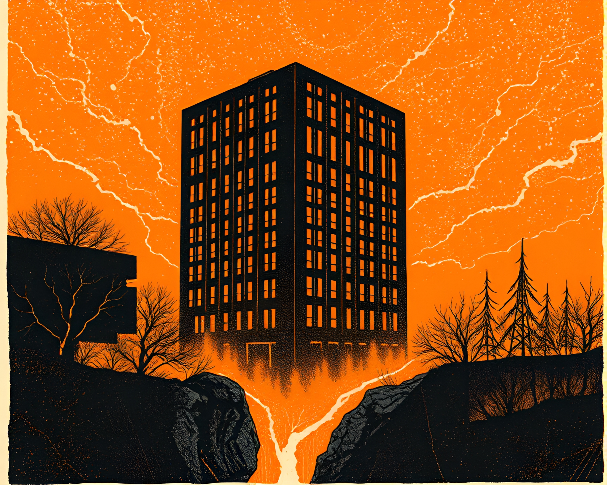 Burning Embers Surround Brutalist Architecture – free AI stock image