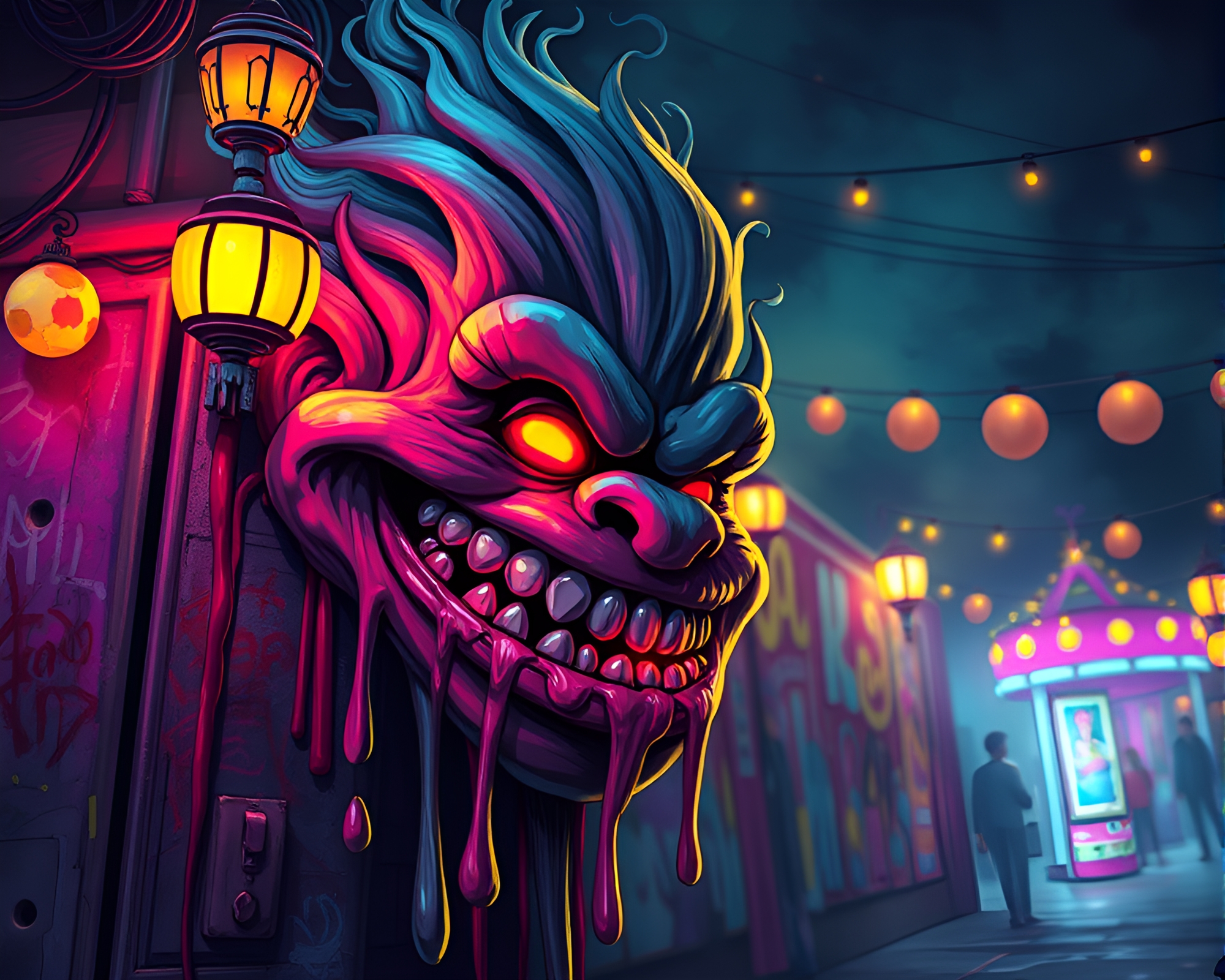 Fantasy Troll Under Carnival Lights with Graffiti Drips – free AI stock image