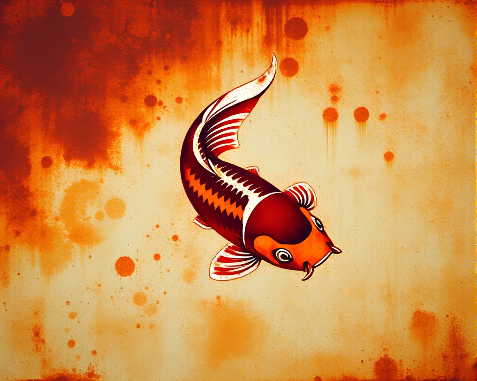 Abstract koi fish swimming in geometric rust patina pond at sunset