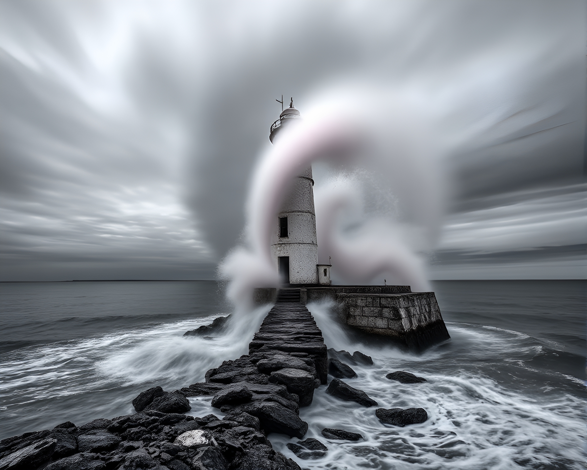 Ethereal Water Whirlpool Surrounding Abandoned Lighthouse – free AI stock image
