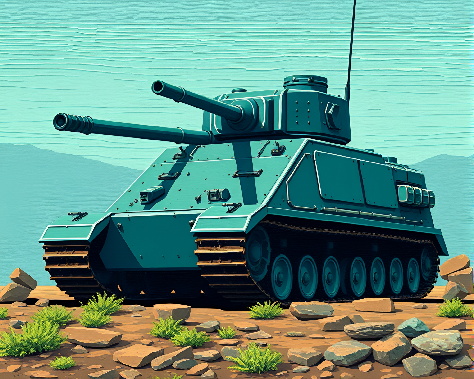 Teal Armored Tank Retro Pixel Art Impasto Ridges – free AI stock image