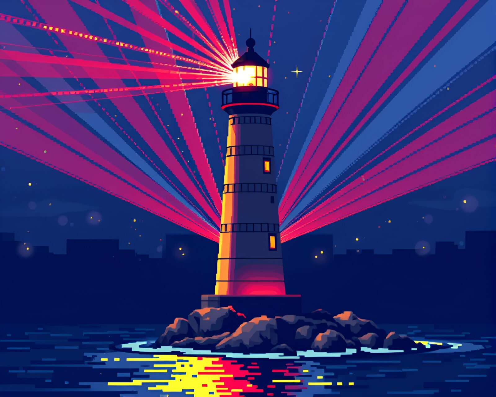 Pixel art lighthouse emitting laser beams under disco ball light