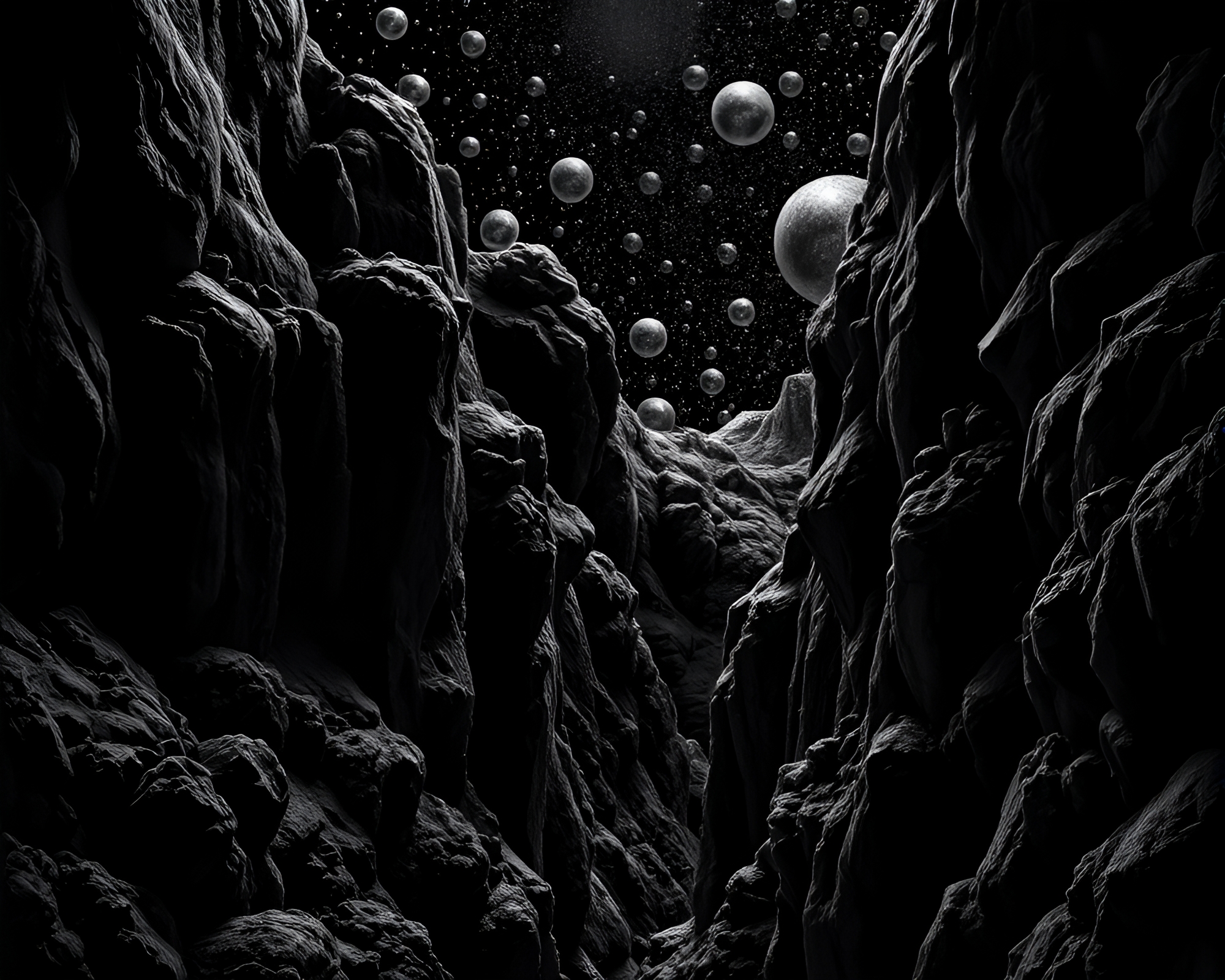 Bubble Cluster Noir Canyon with Crosshatch Shading – free AI stock image