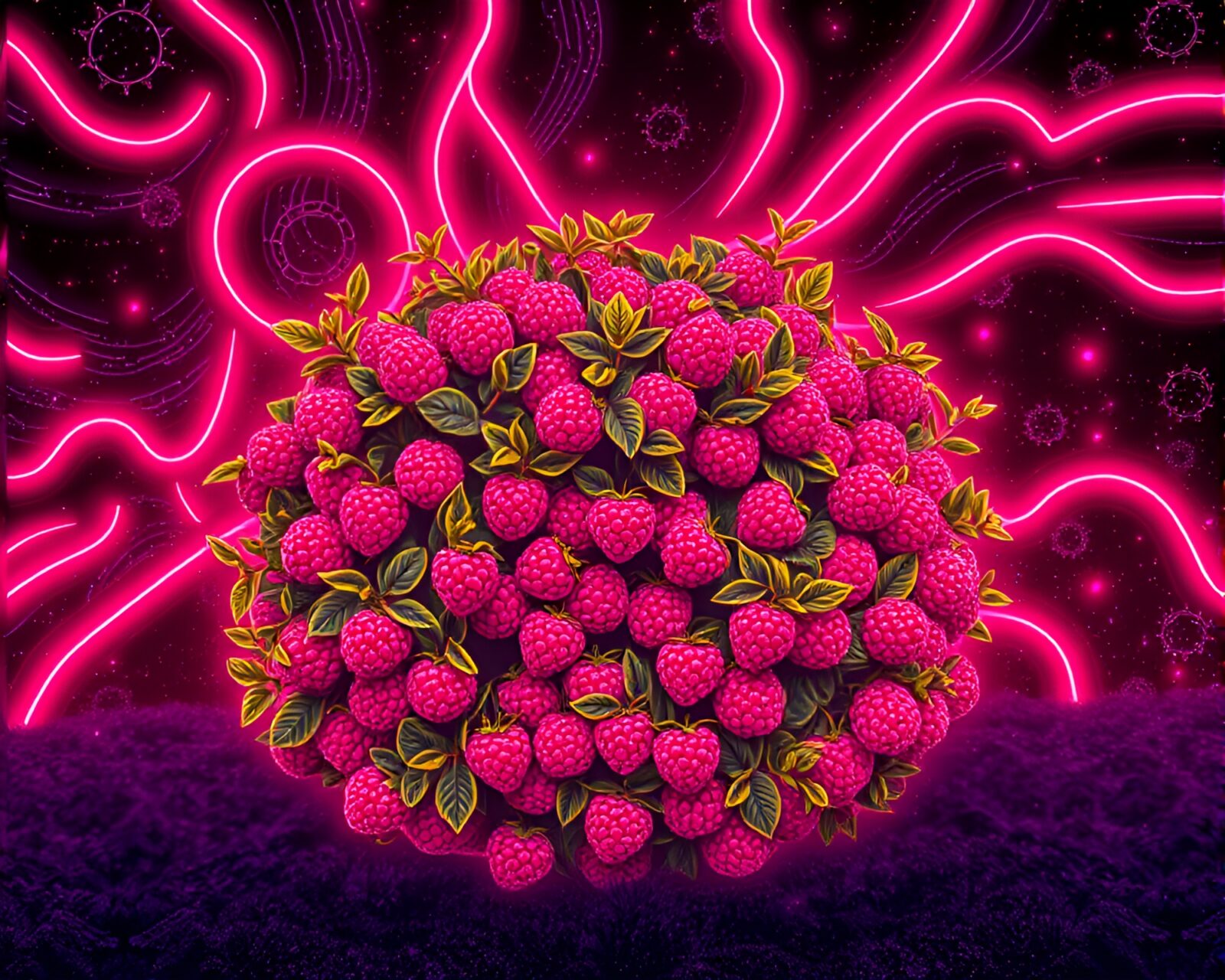 Maximalist neon wireframe of a glowing raspberry bush at night