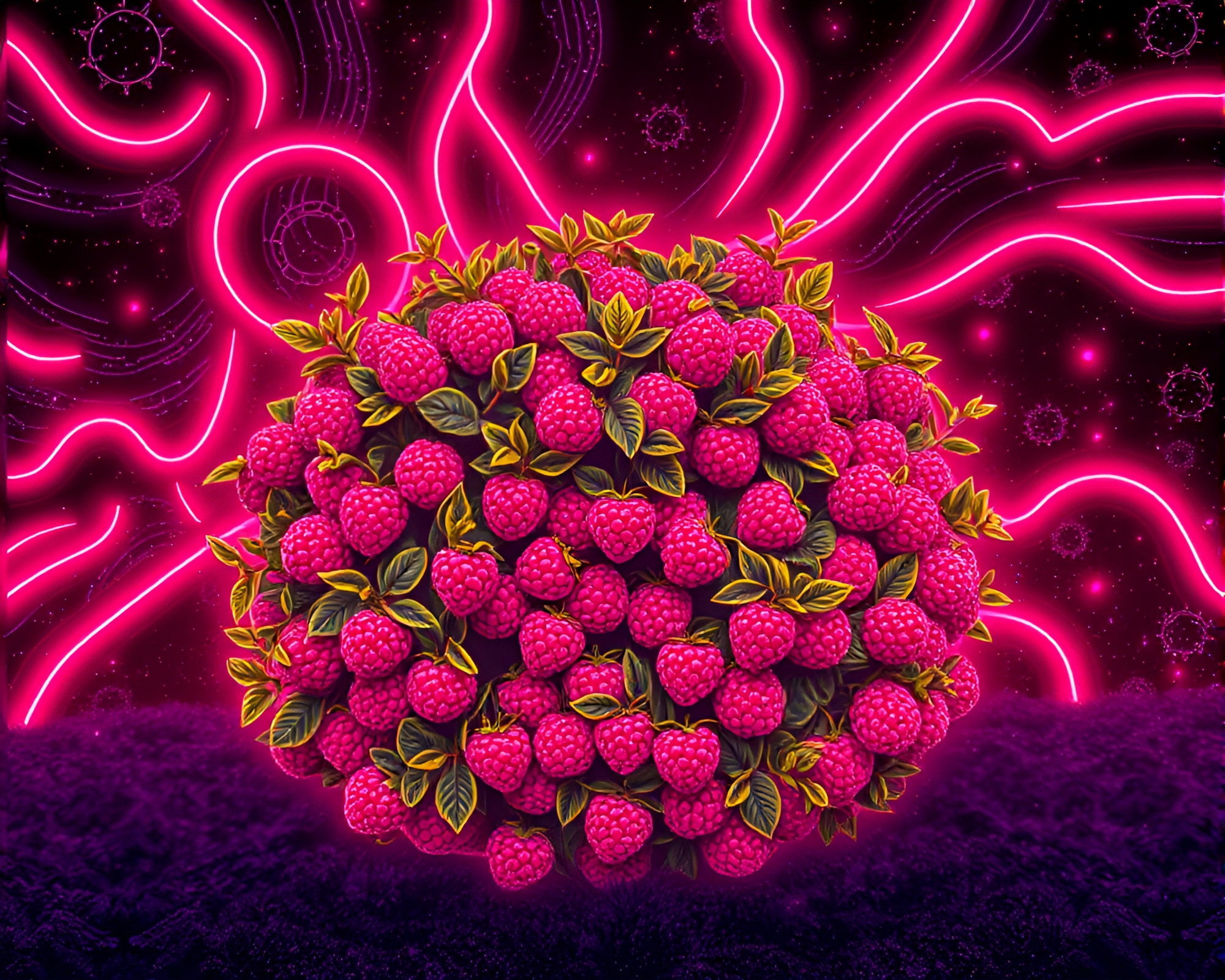 Neon Wireframe Raspberry Bush under Milky Way Swirl – free AI stock image