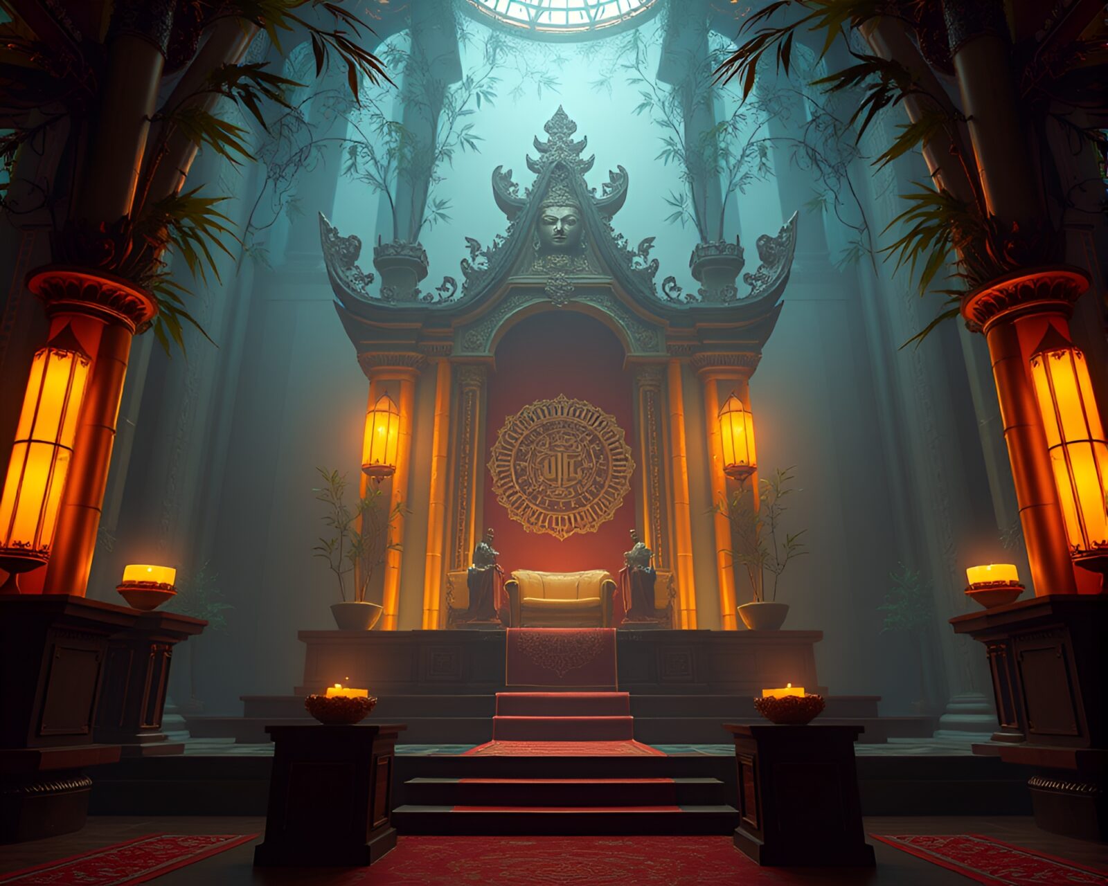 16-bit style wide-angle view of majestic bamboo flute in throne room