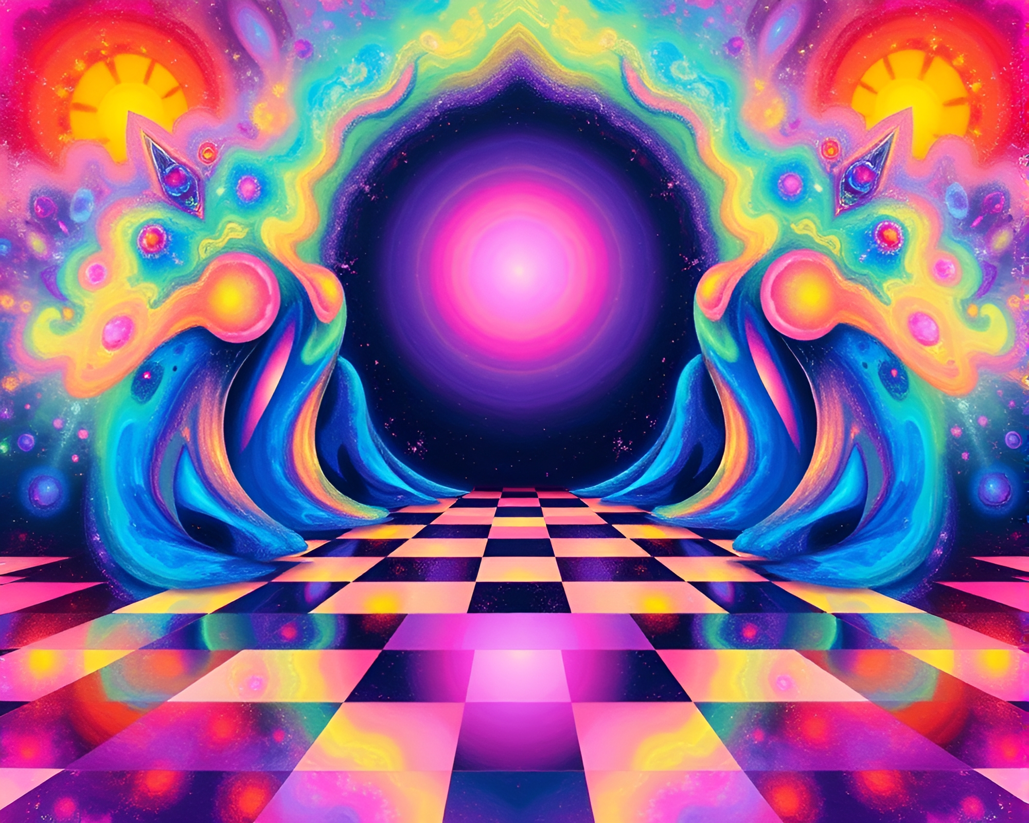 Checkered Surreal Dreamscape with Phosphorescent Shine – free AI stock image