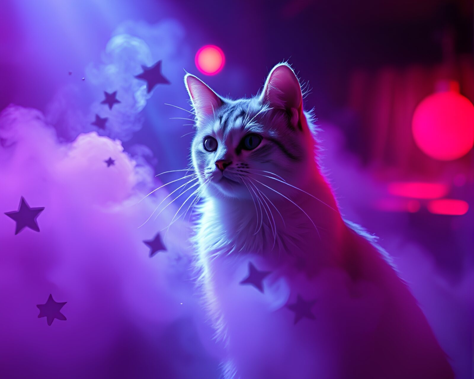 Mysterious holographic cat in club-like foggy setting