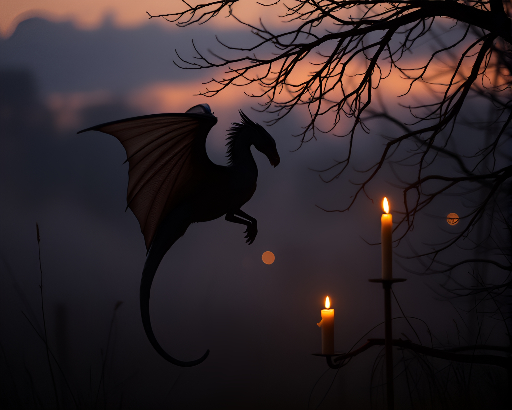 Mystical Chimera Emerging from Dawn Misty Candlelit Scene – free AI stock image