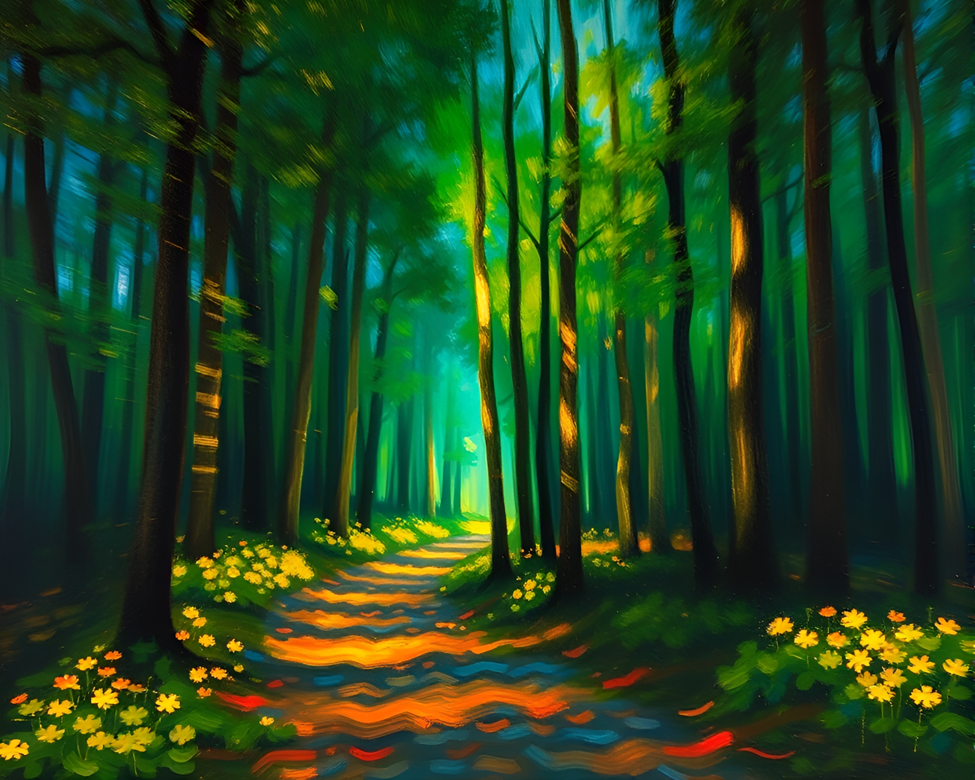 Bioluminescent Forest Porchlight Palette Knife Art – free AI stock image