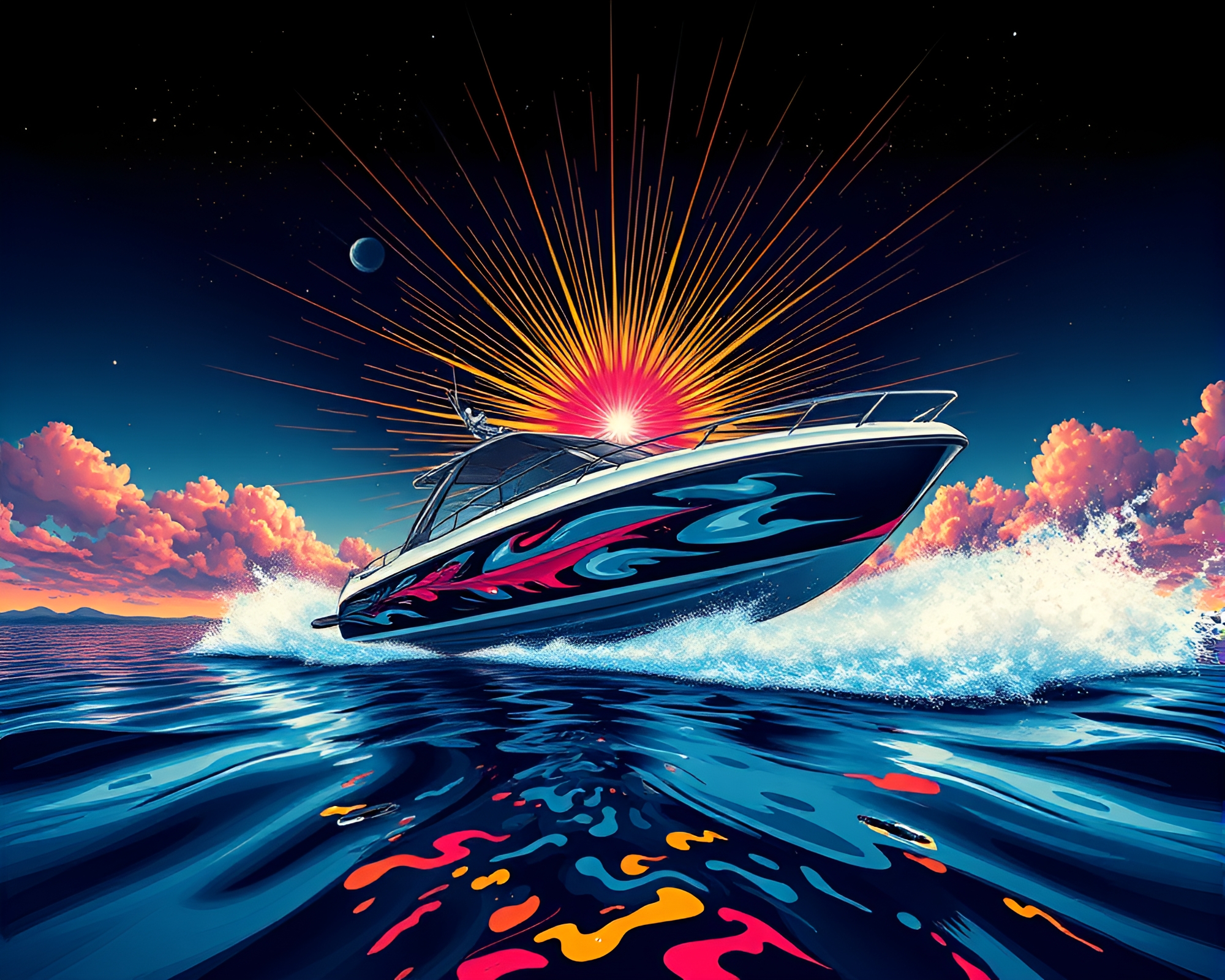 Vibrant Hydrofoil Boat in Tattoo Flash Art Style – free AI stock image