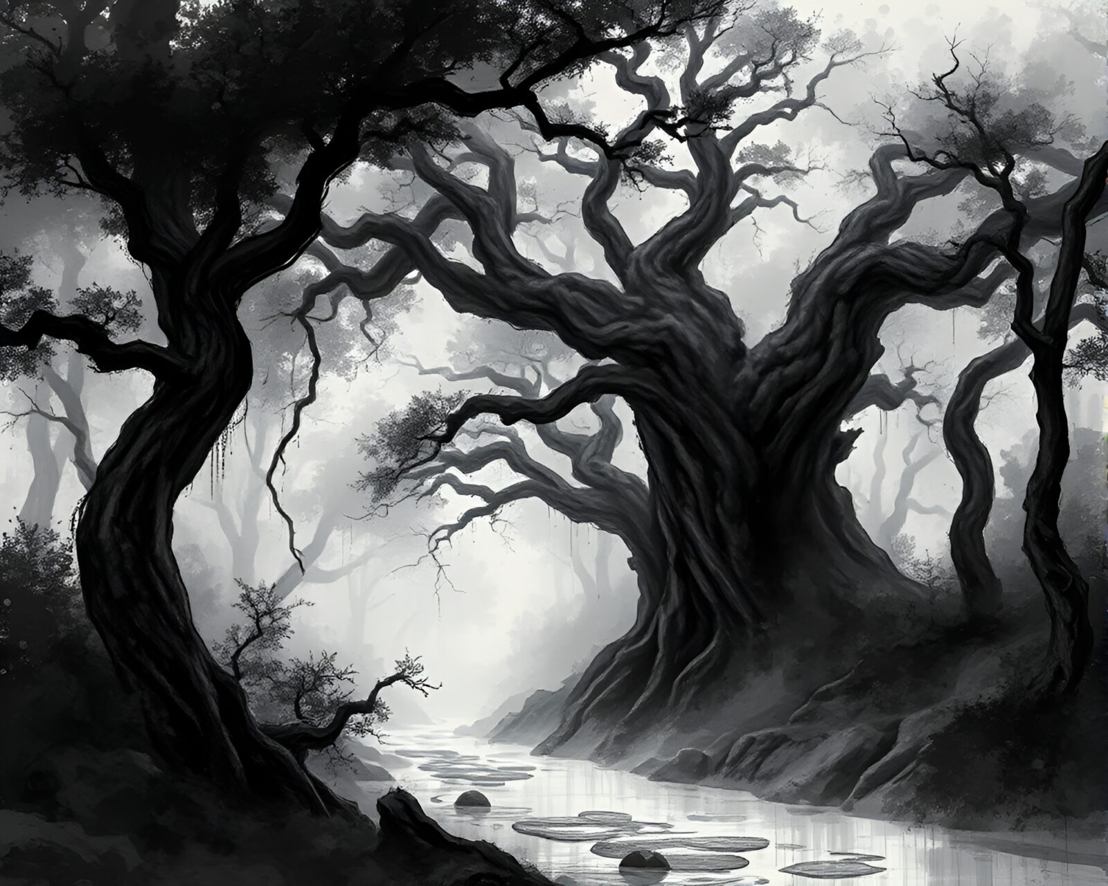 Mystical forest scene with ink brushstrokes and soft light